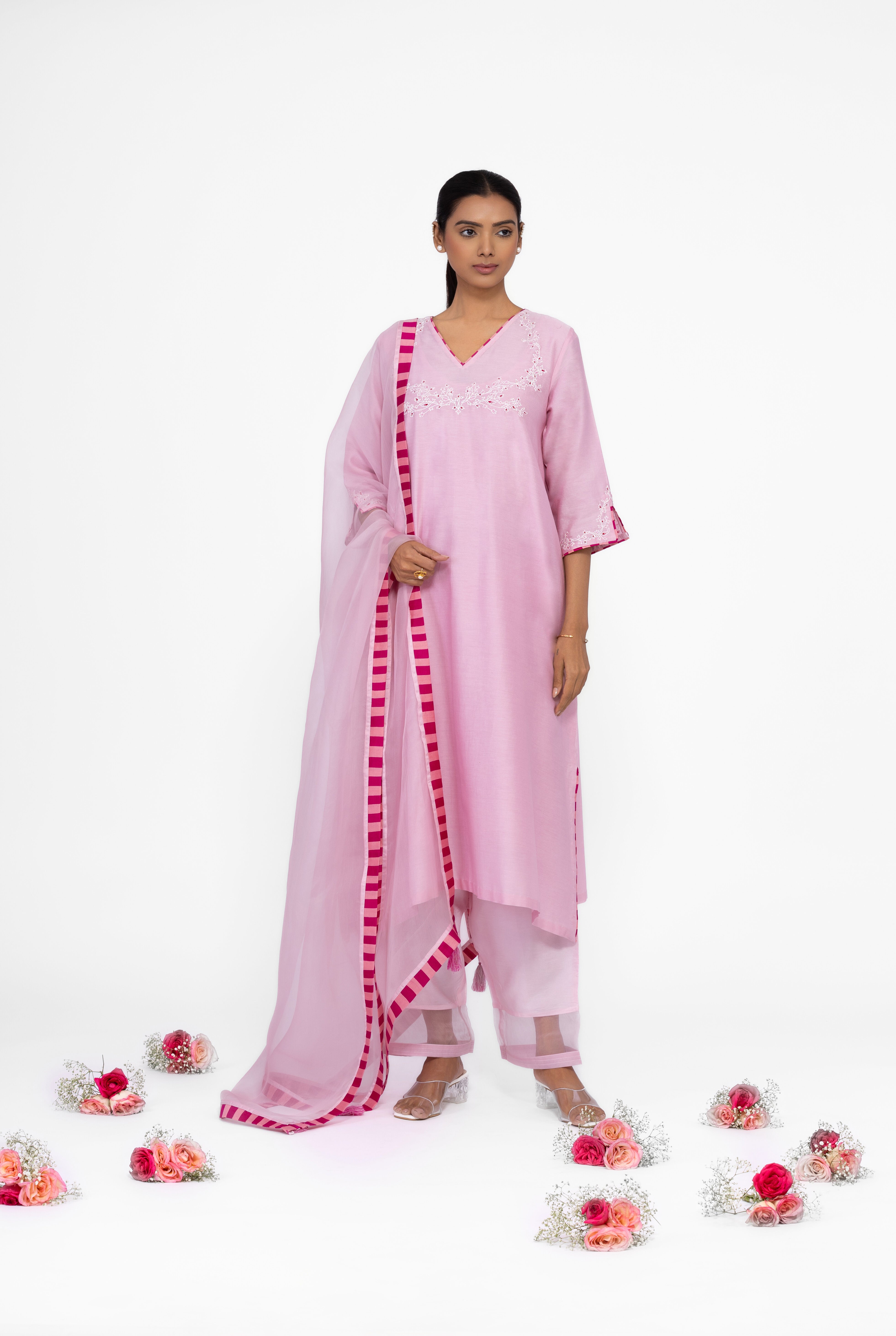 ROSE PETAL - V NECK - CHANDERI SILK  A-LINE KURTA SET