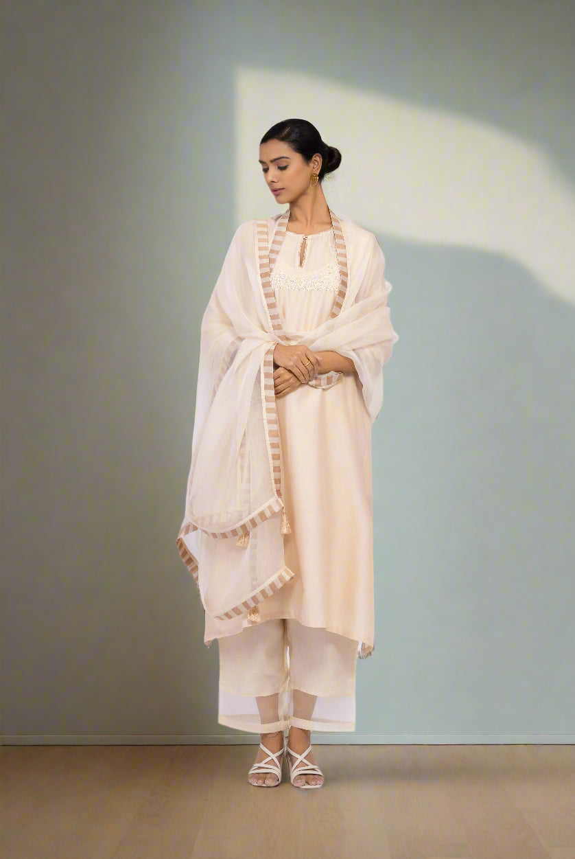 SOFT BEIGE - ROUND NECK - CHANDERI SILK  A-LINE KURTA SET