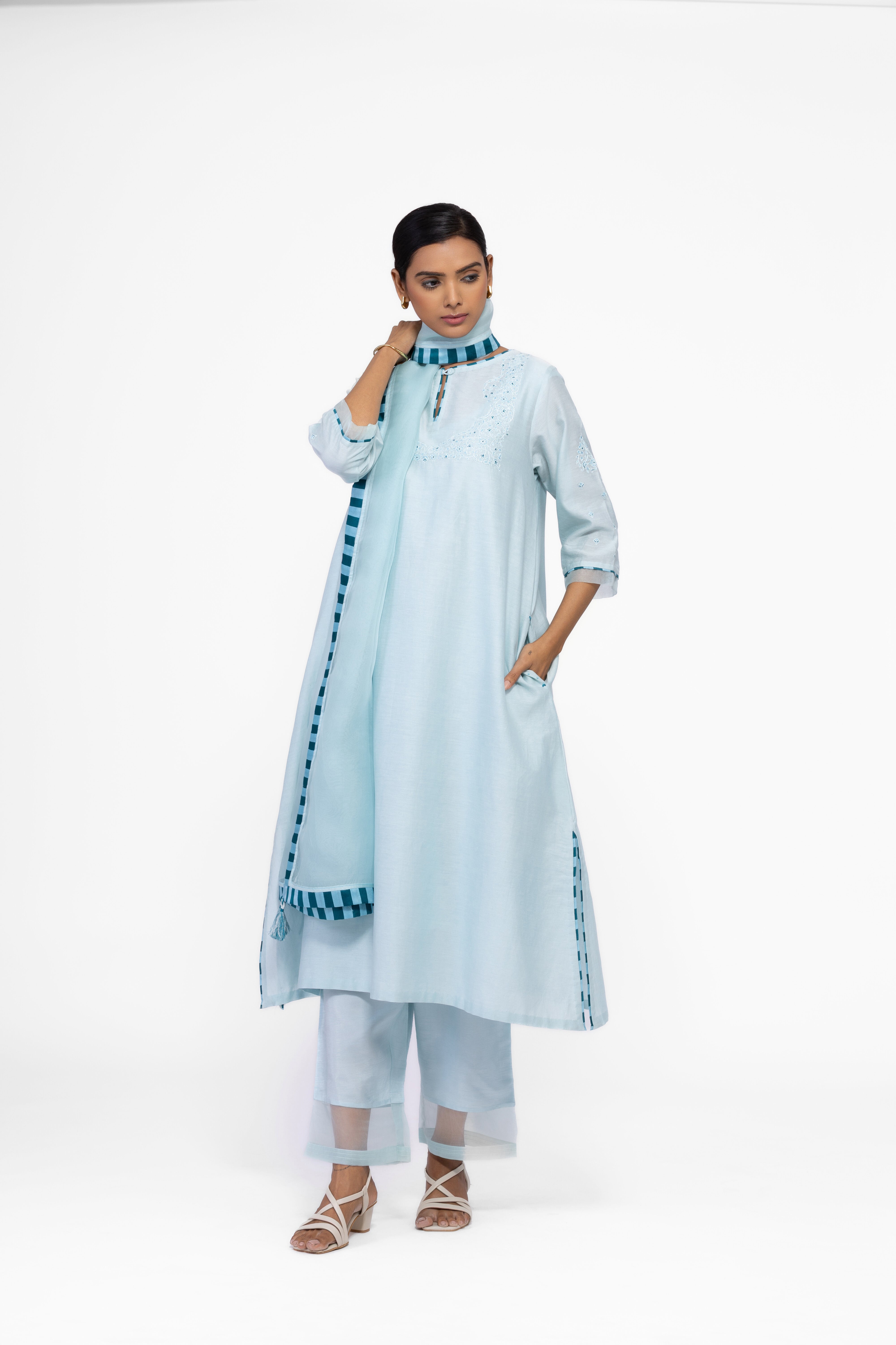 ICE BLUE - ROUND NECK - CHANDERI SILK  A-LINE KURTA SET