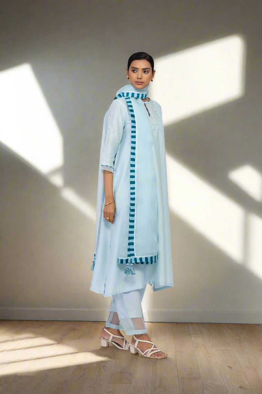 ICE BLUE - ROUND NECK - CHANDERI SILK  A-LINE KURTA SET