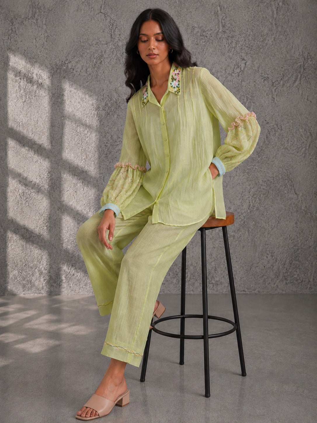 Soft Lime Embroidered Shirt & Pants Set