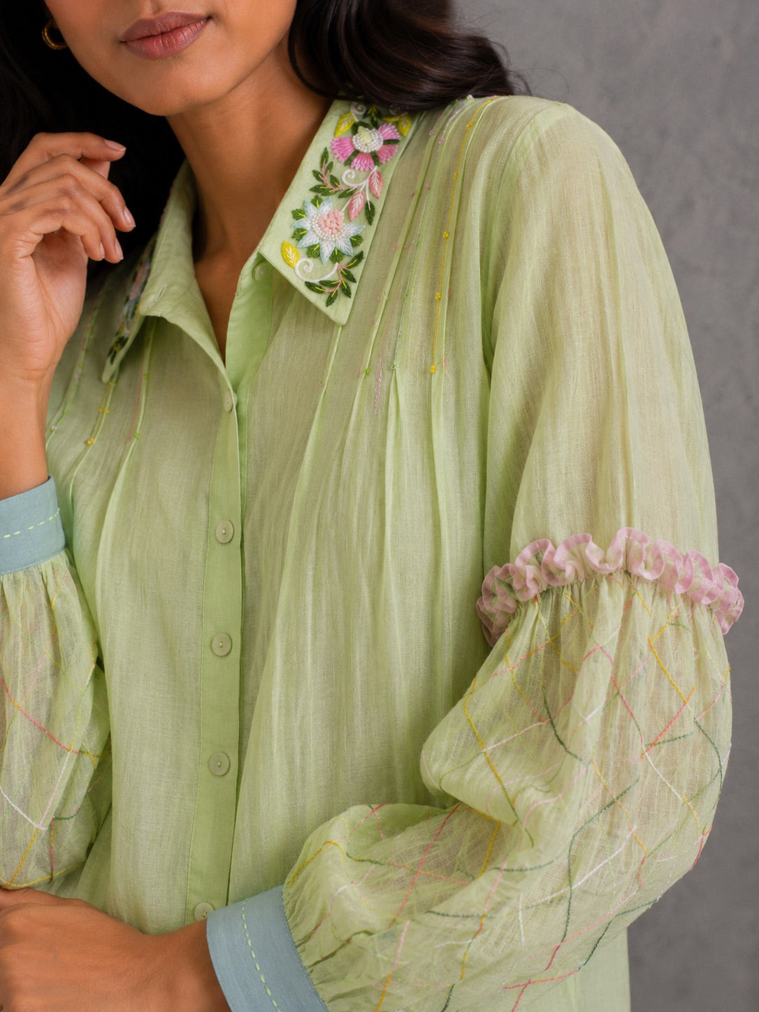 Soft Lime Embroidered Shirt & Pants Set