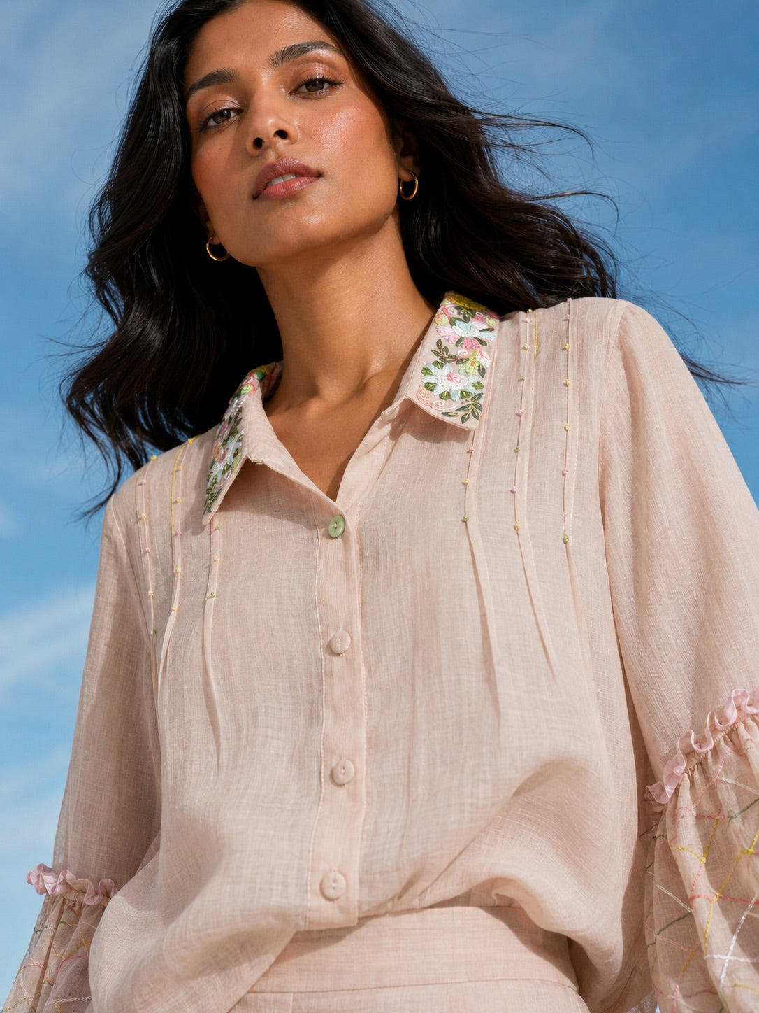 Peach Nude Embroidered Shirt & Pants Set