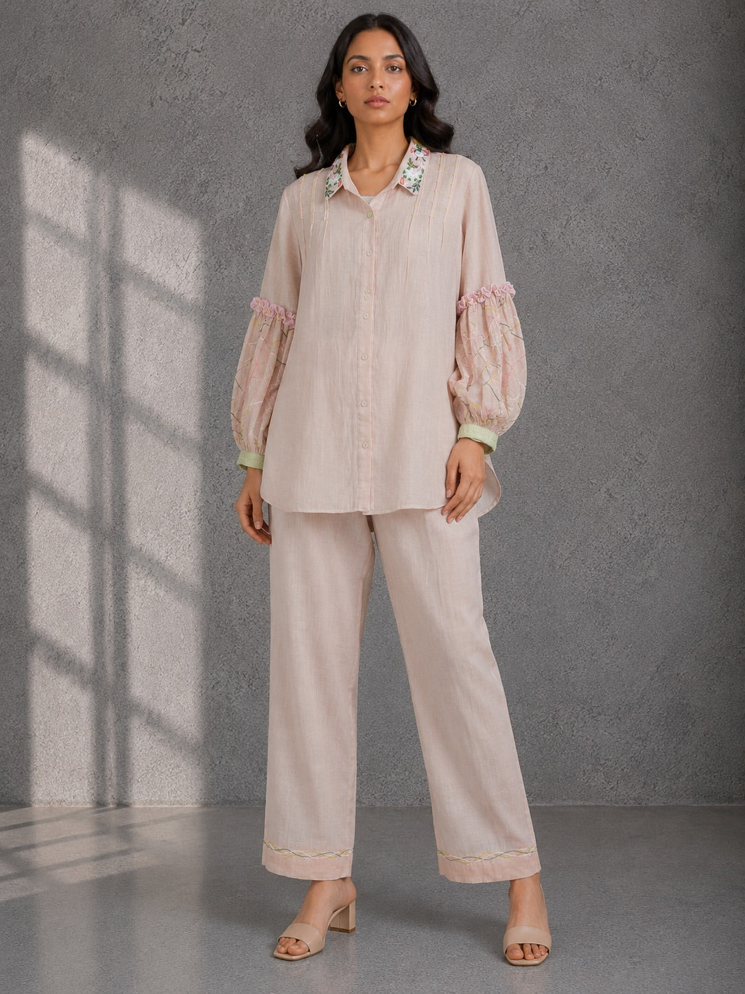 Peach Nude Embroidered Shirt & Pants Set
