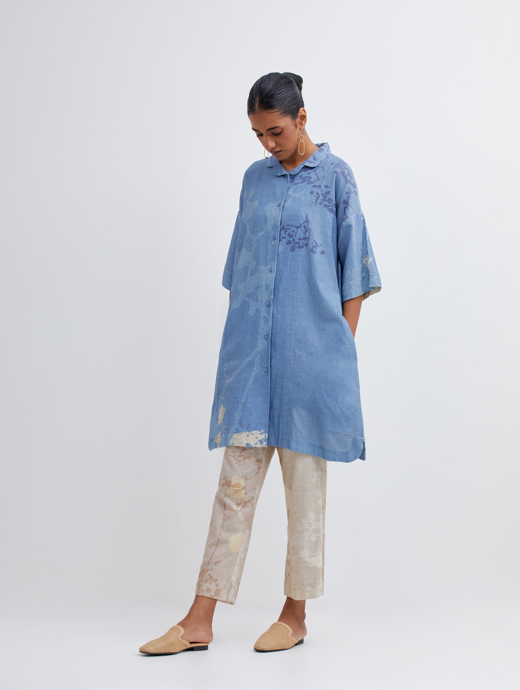 Foliage Blue Shirt & Beige Pants Set