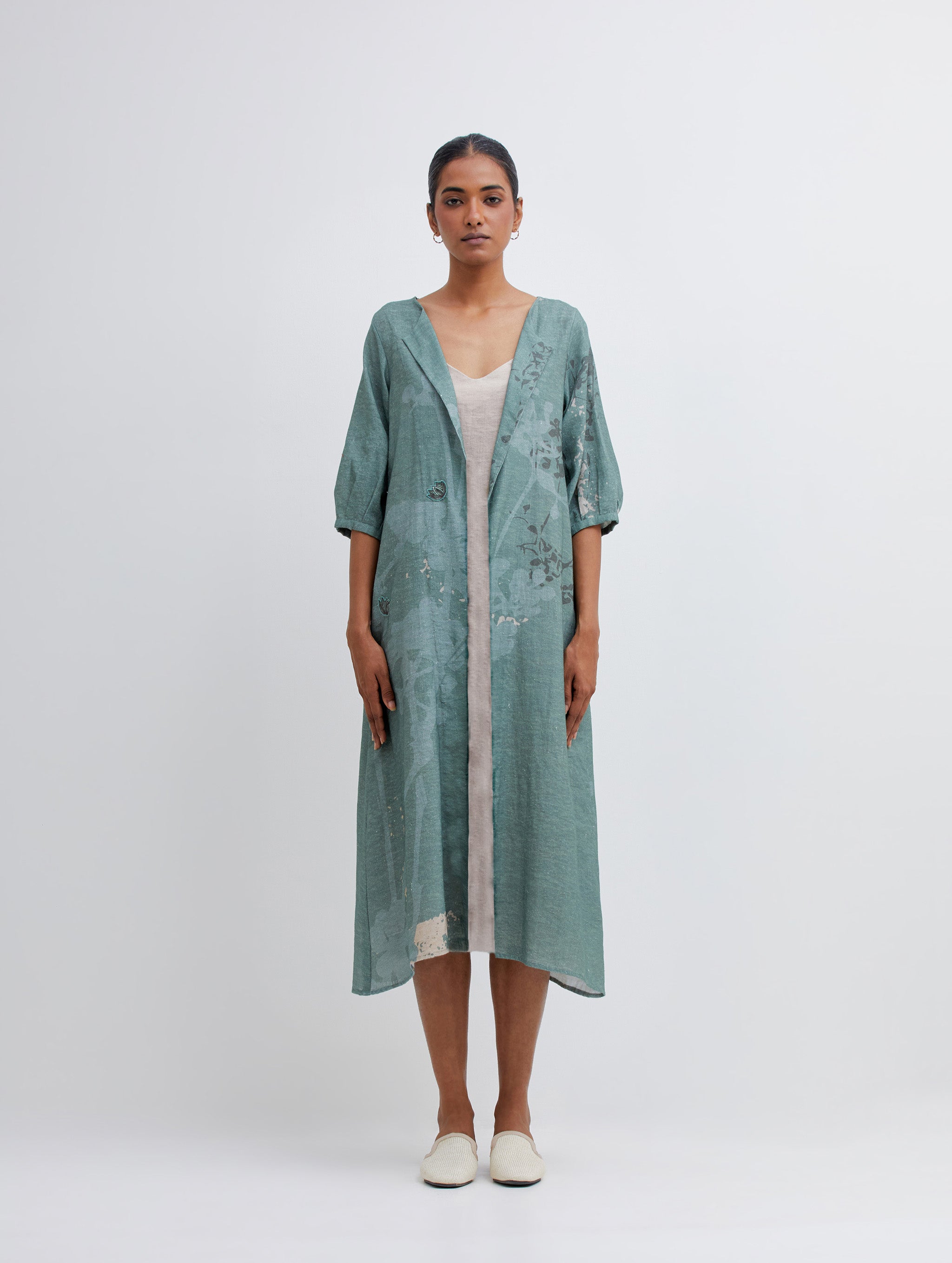 Foliage Green Jacket with Beige Camisole Dress