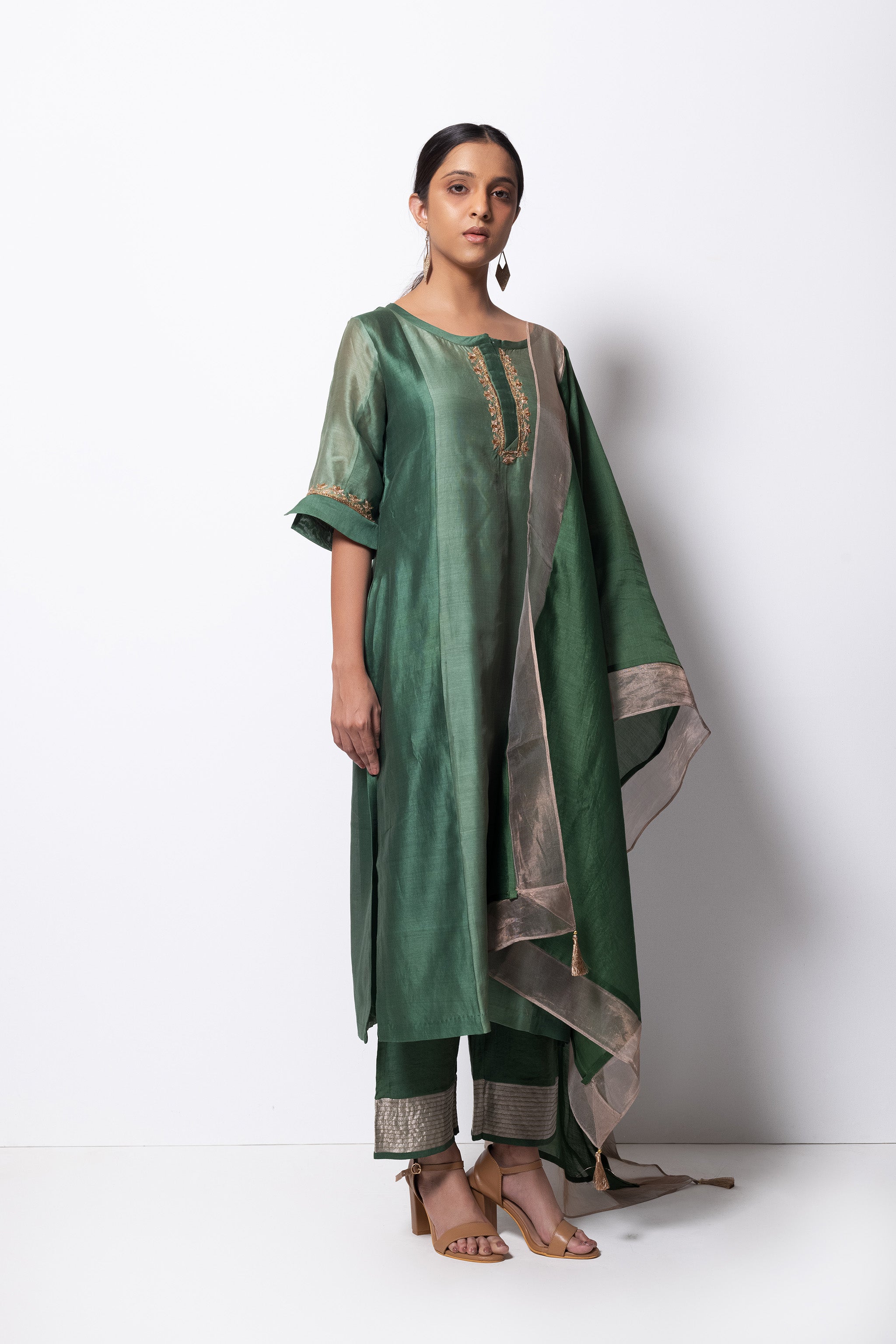 Beryl Green Chanderi Silk - Panelled Straight Kurta Set