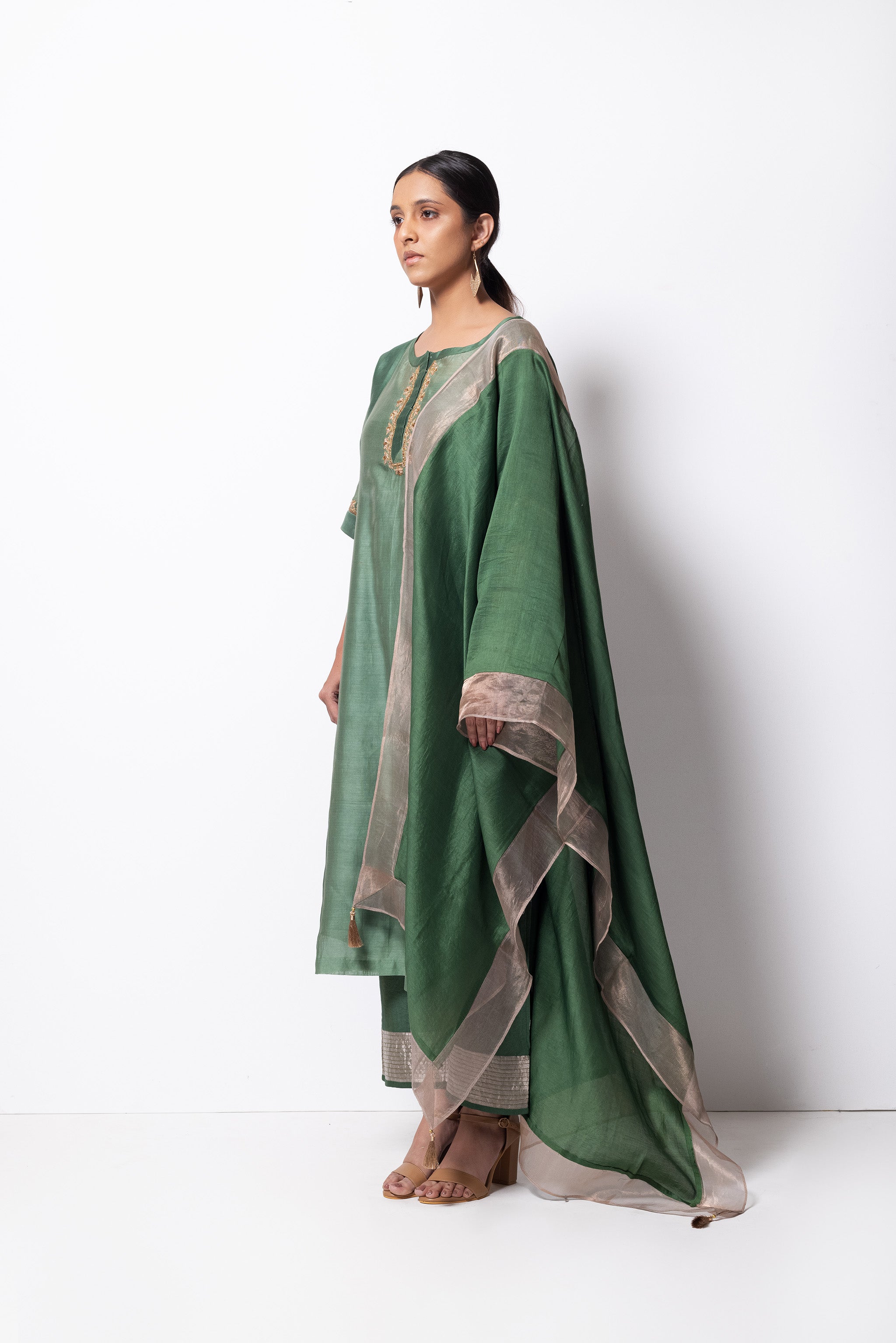 Beryl Green Chanderi Silk - Panelled Straight Kurta Set