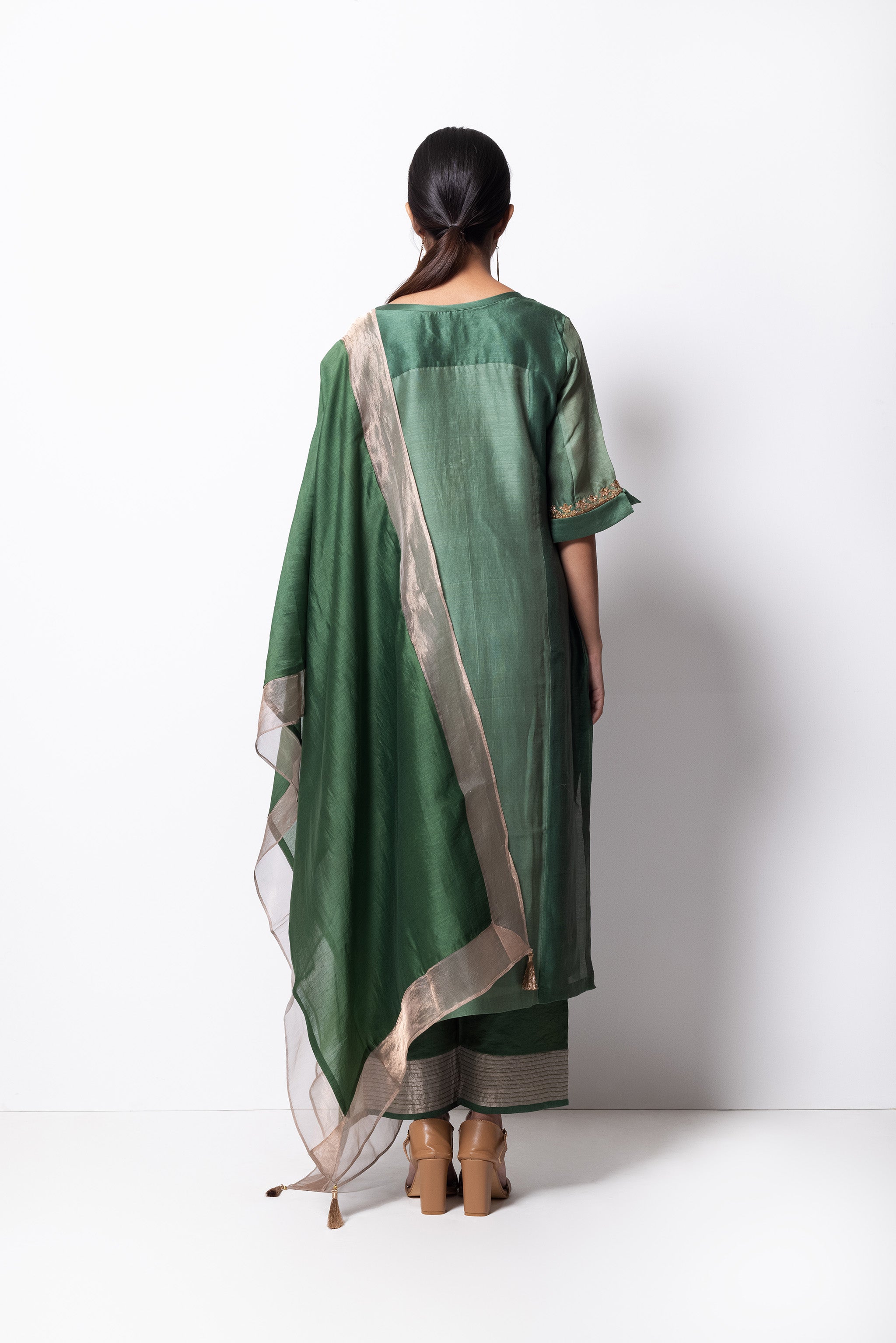 Beryl Green Chanderi Silk - Panelled Straight Kurta Set