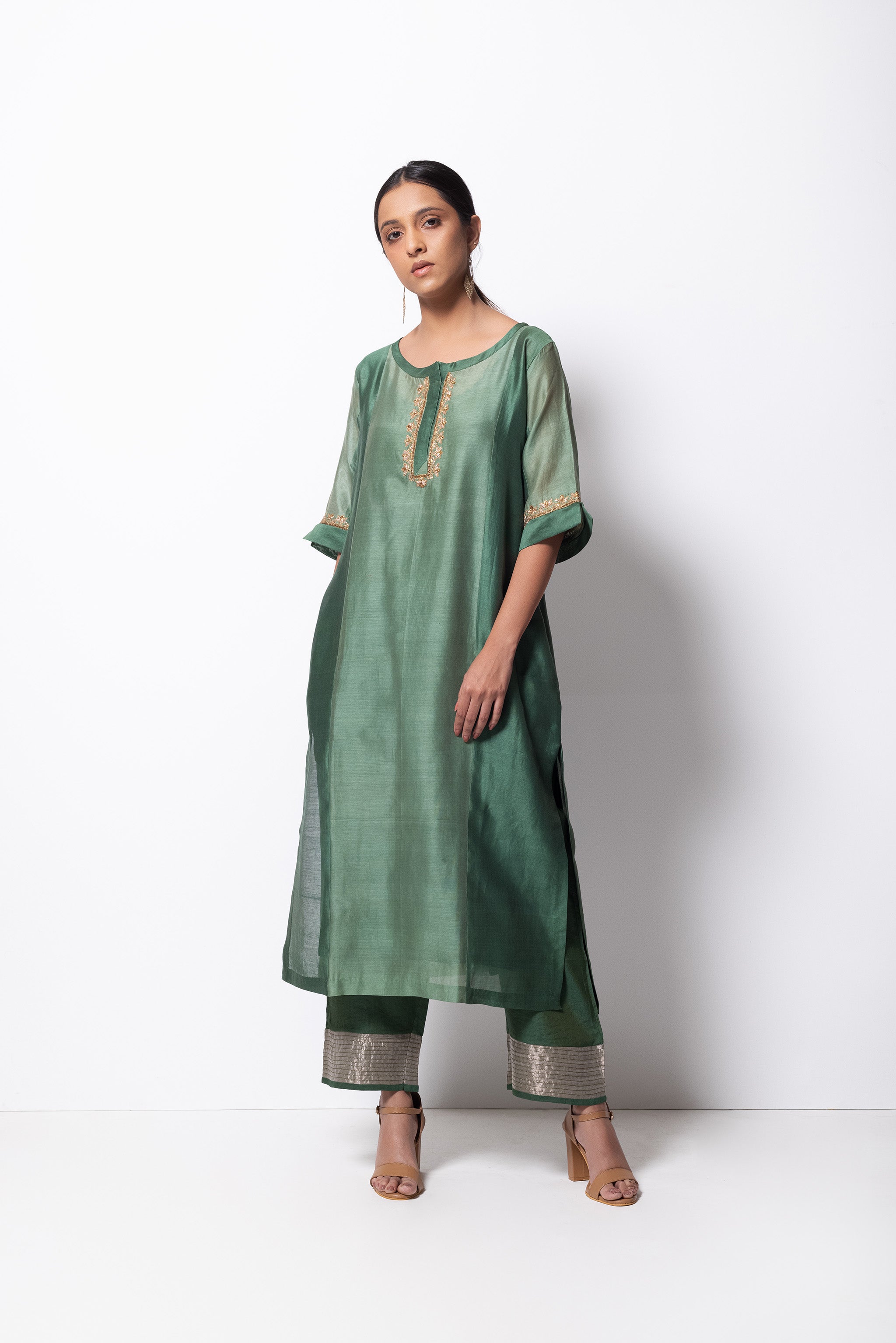 Beryl Green Chanderi Silk - Panelled Straight Kurta Set