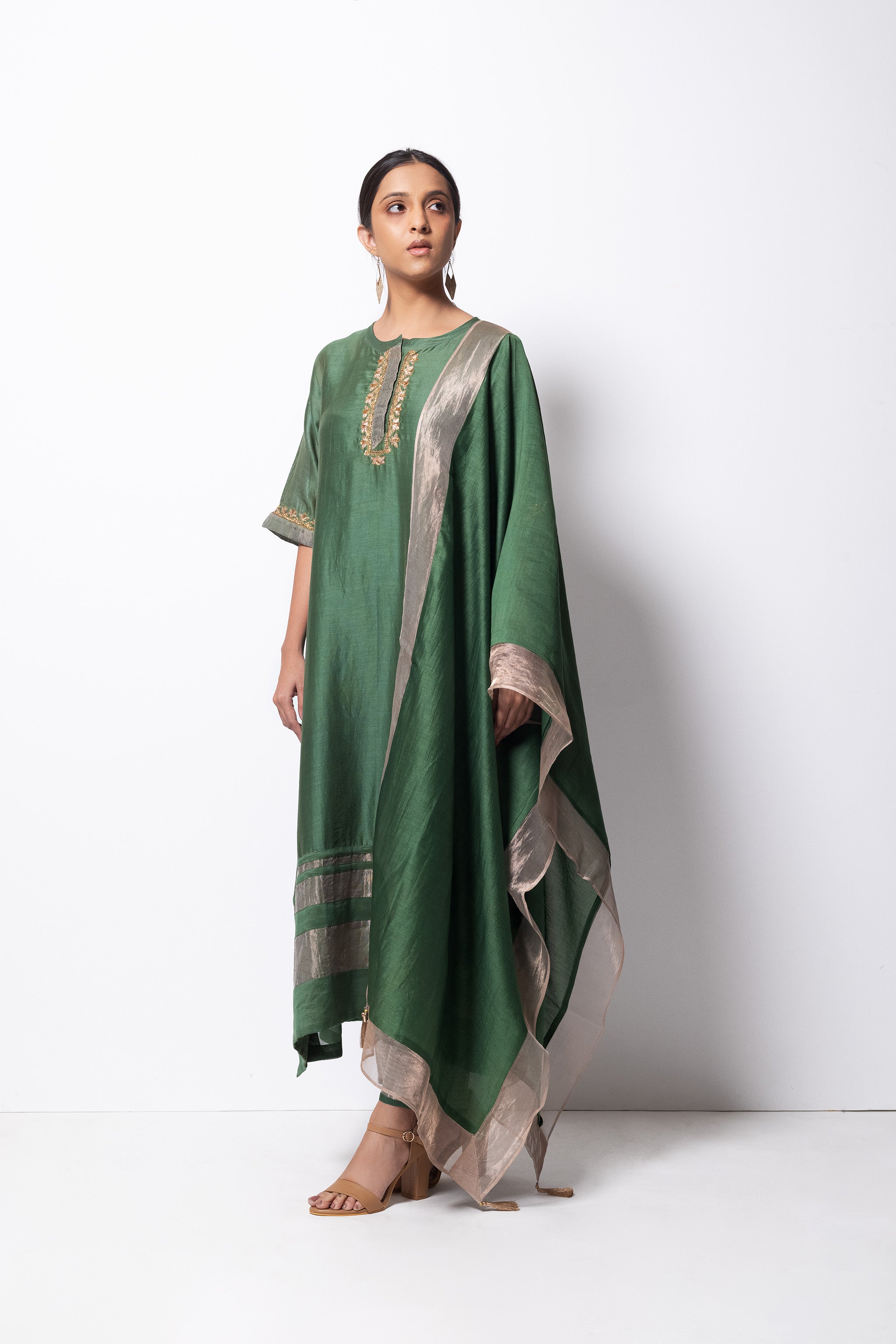 Beryl Green Chanderi Silk - A-line Kurta Set