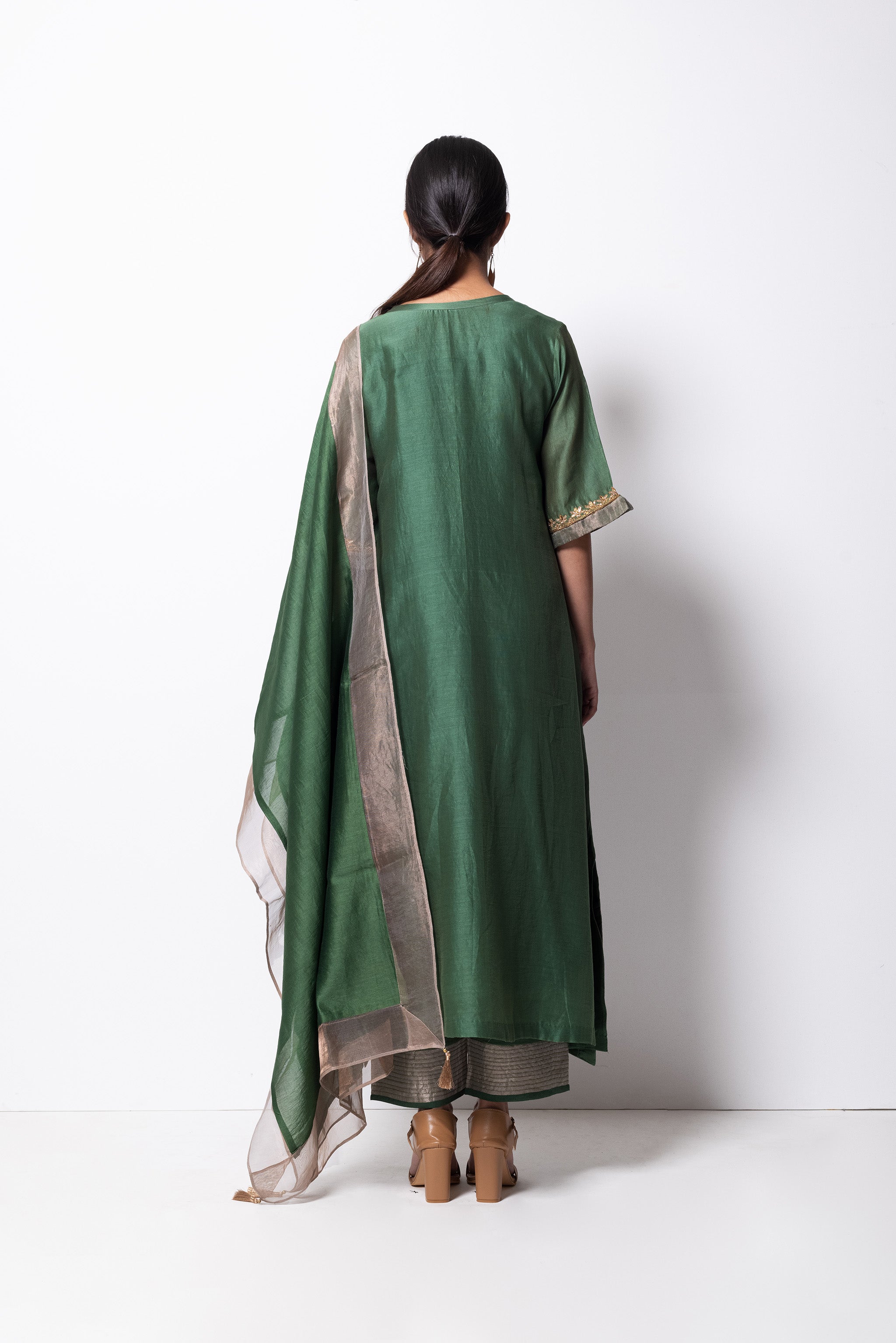 Beryl Green Chanderi Silk - A-line Kurta Set