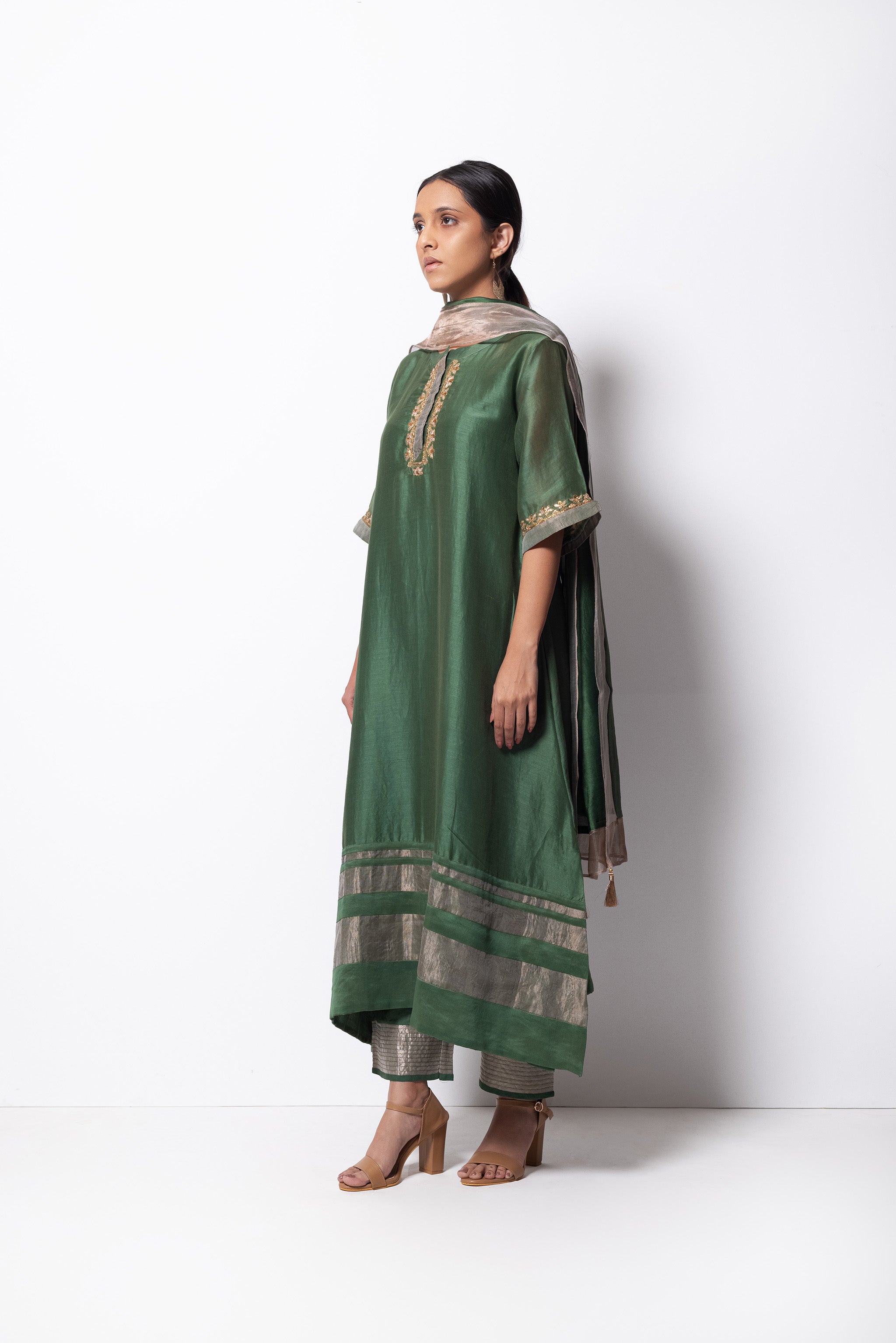 Beryl Green Chanderi Silk - A-line Kurta Set