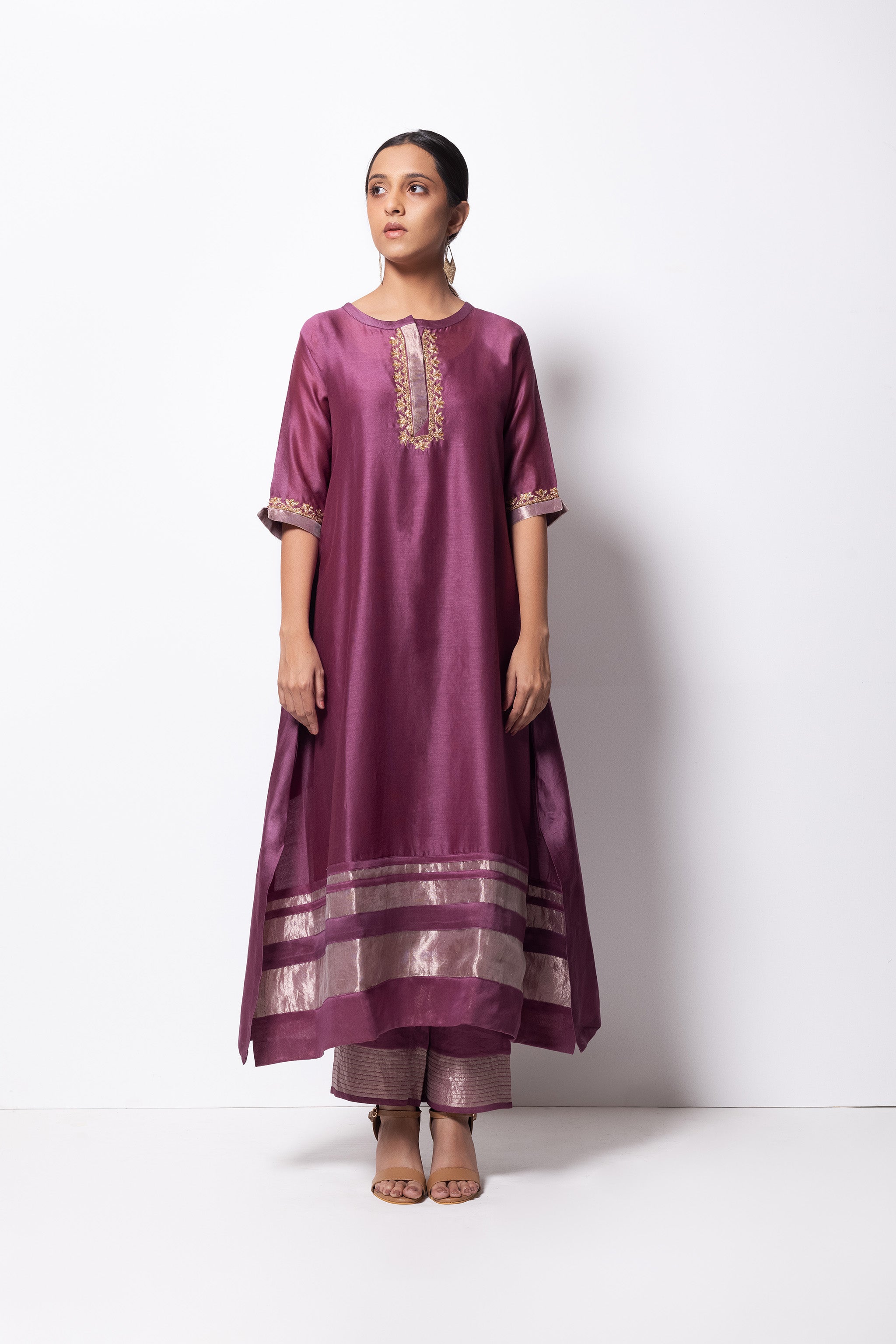 Plum Pink Chanderi Silk - A-line Kurta Set