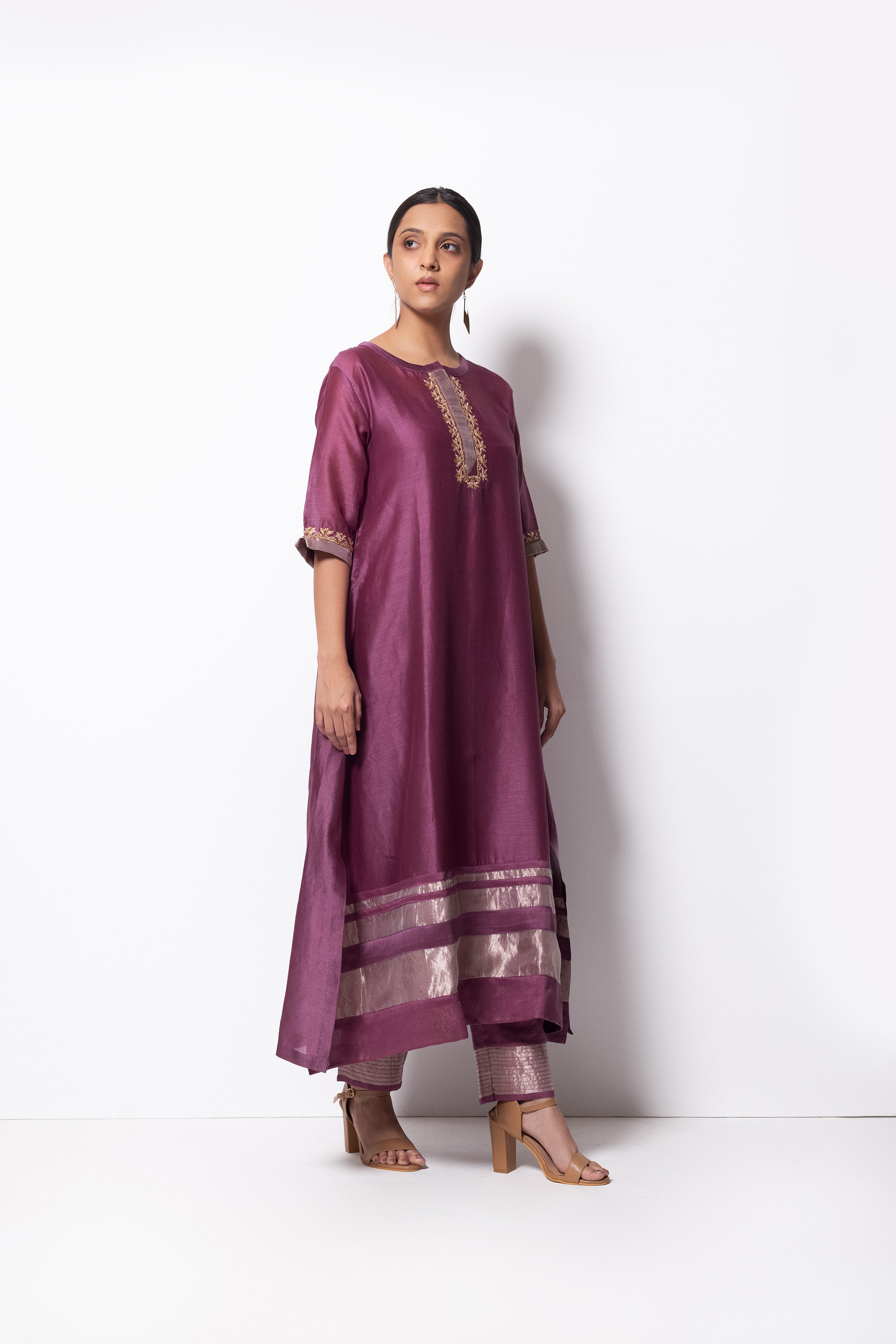 Plum Pink Chanderi Silk - A-line Kurta Set