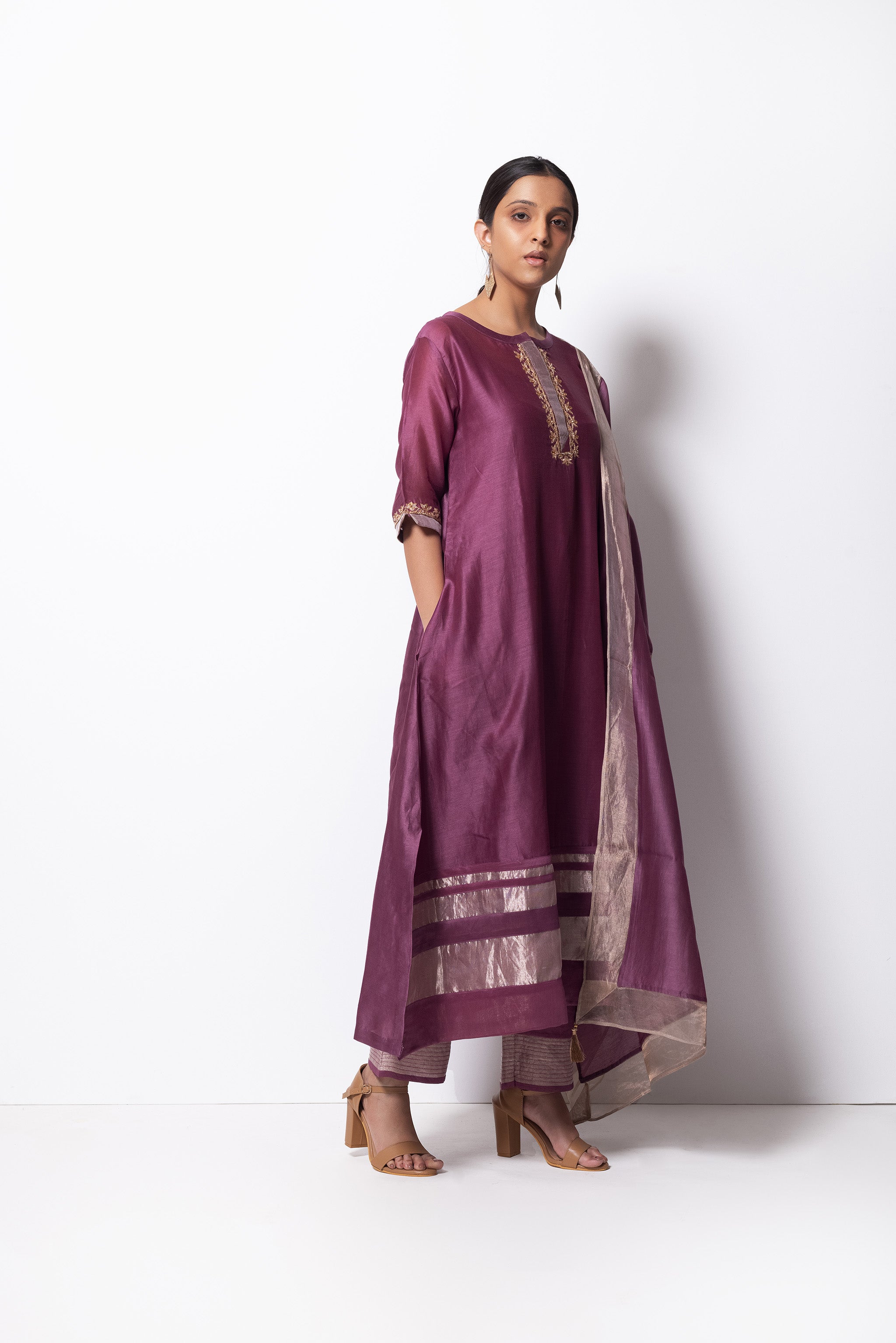Plum Pink Chanderi Silk - A-line Kurta Set