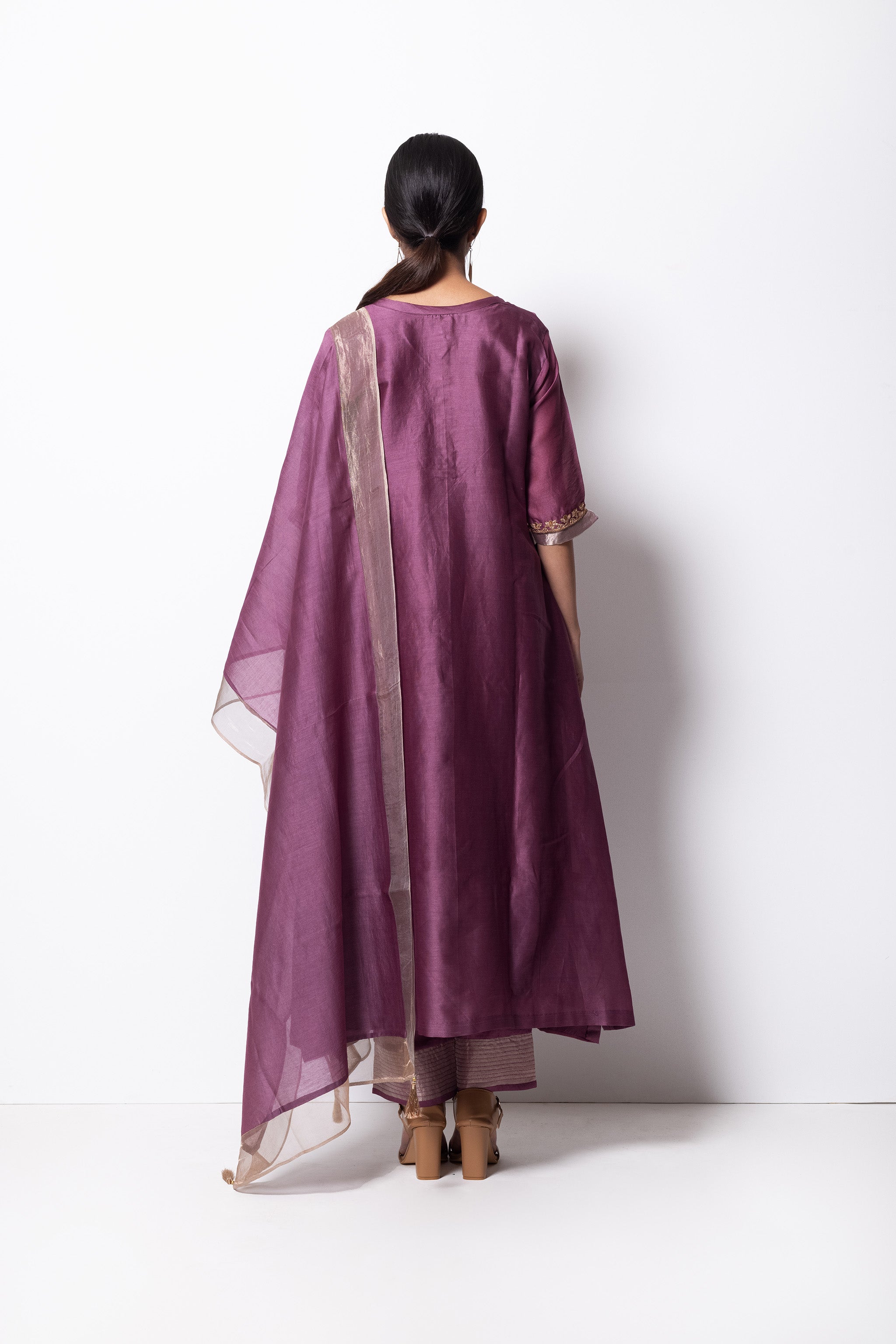 Plum Pink Chanderi Silk - A-line Kurta Set