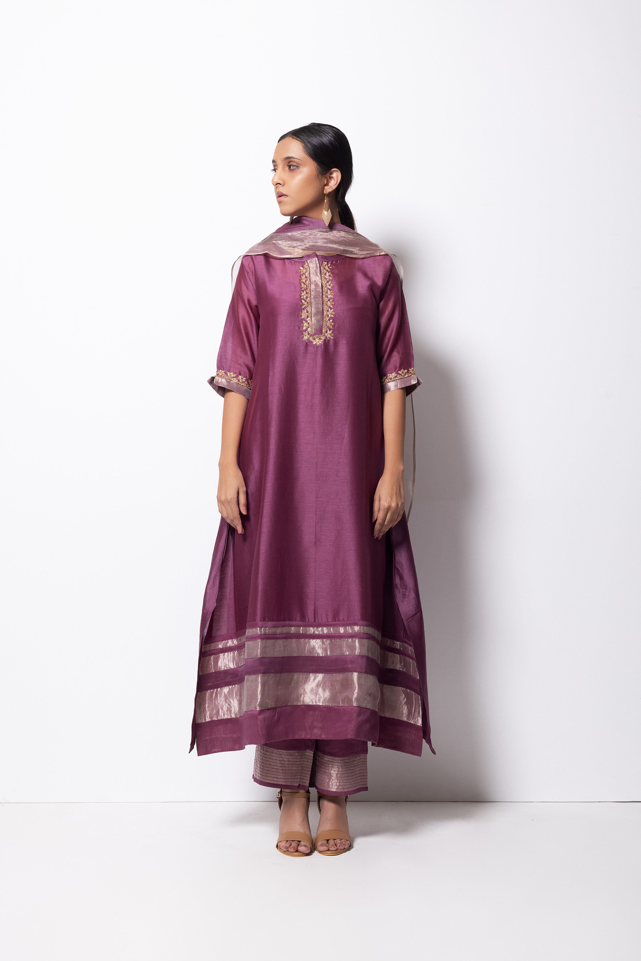 Plum Pink Chanderi Silk - A-line Kurta Set
