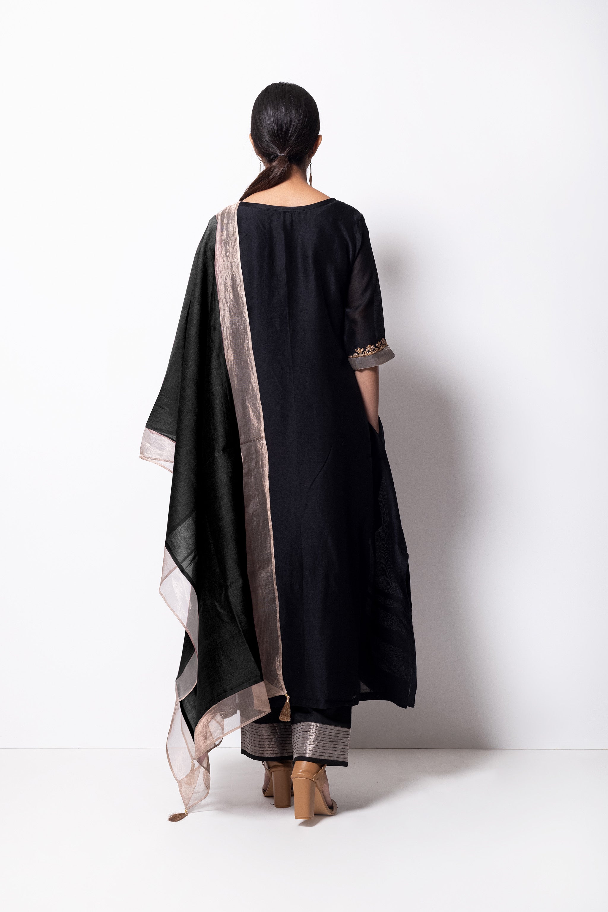 Black Chanderi Silk - A-line Kurta Set
