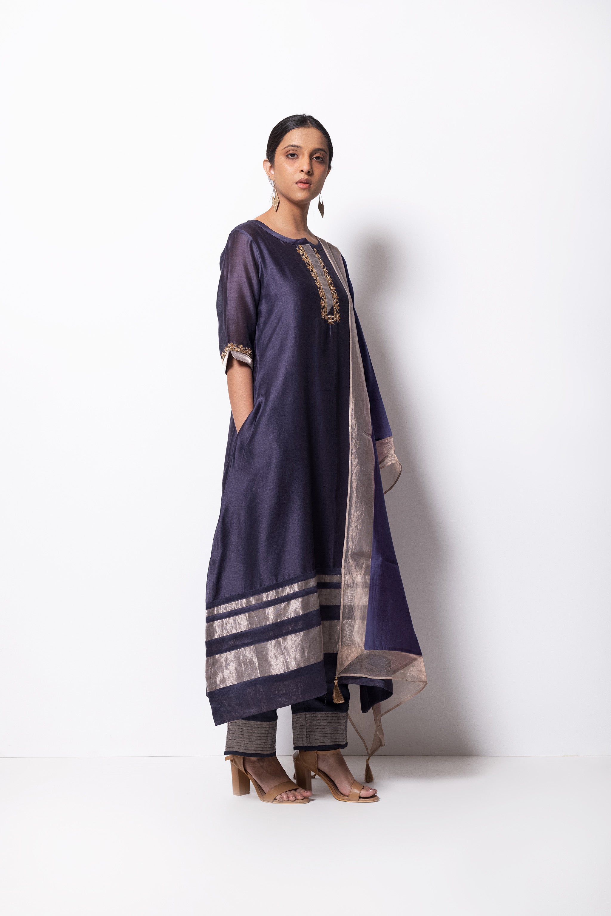 Grape Grey Chanderi Silk - A-line Kurta Set