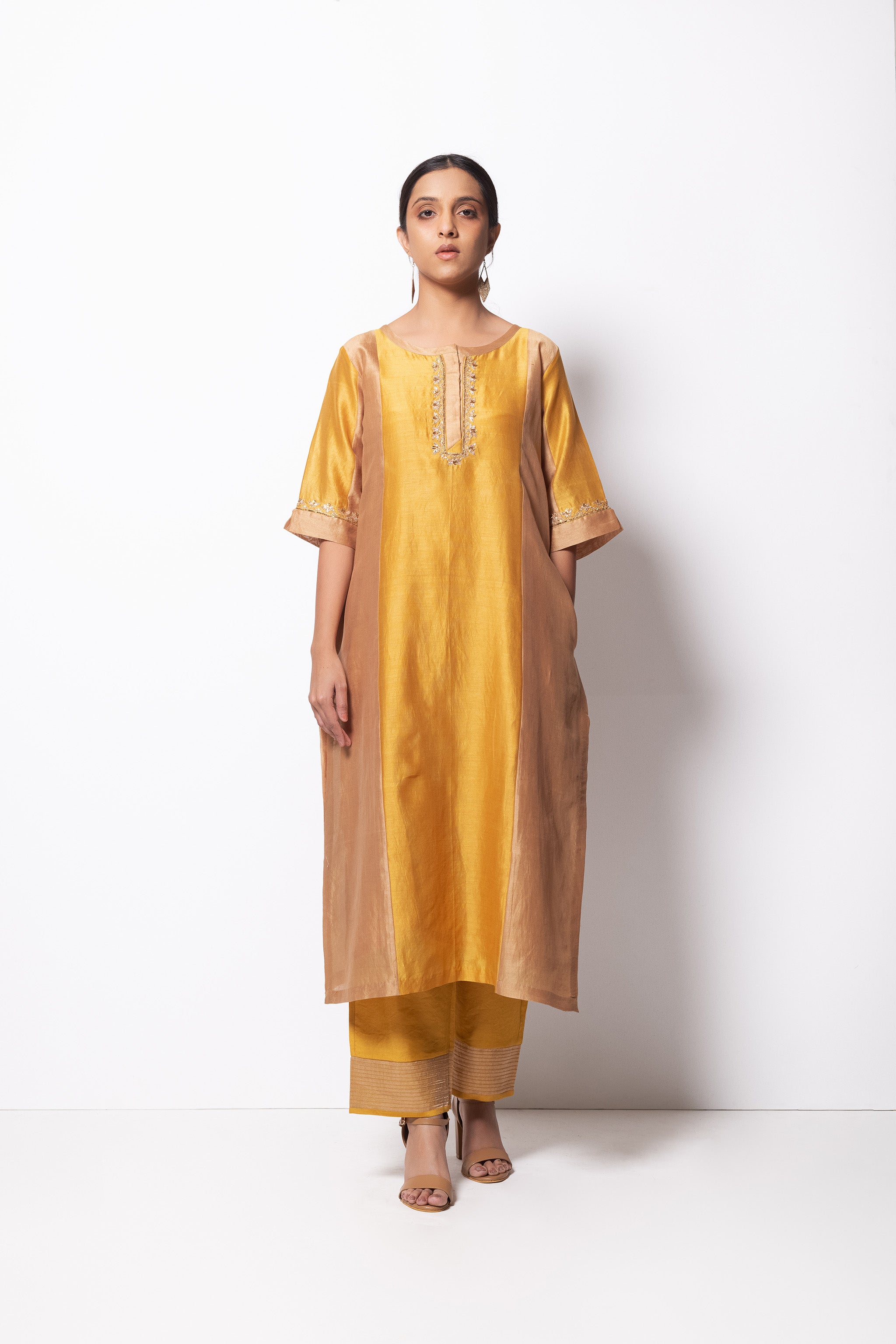 Beige Mustard Chanderi Silk - Panelled Straight Kurta Set