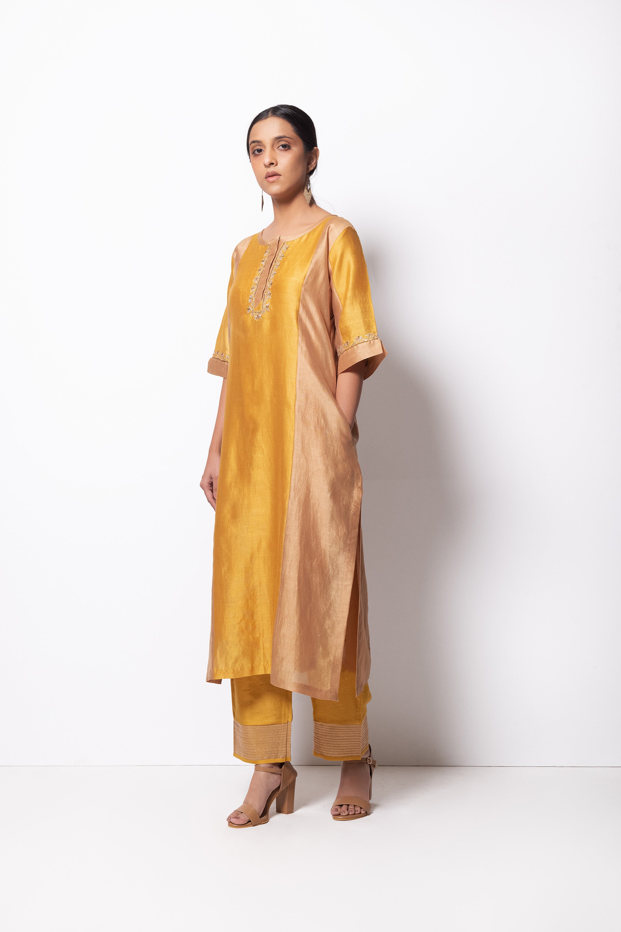 Beige Mustard Chanderi Silk - Panelled Straight Kurta Set