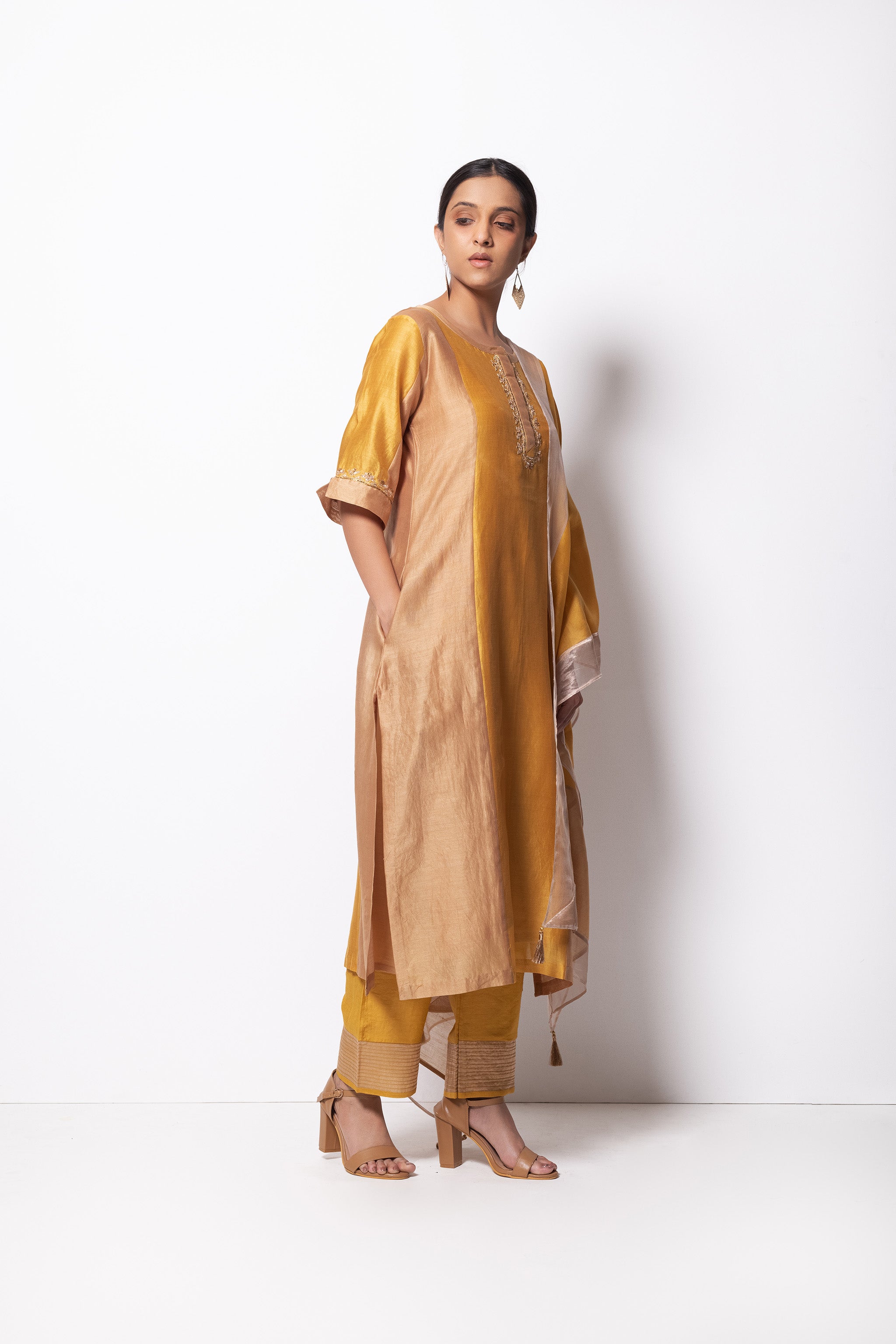 Beige Mustard Chanderi Silk - Panelled Straight Kurta Set