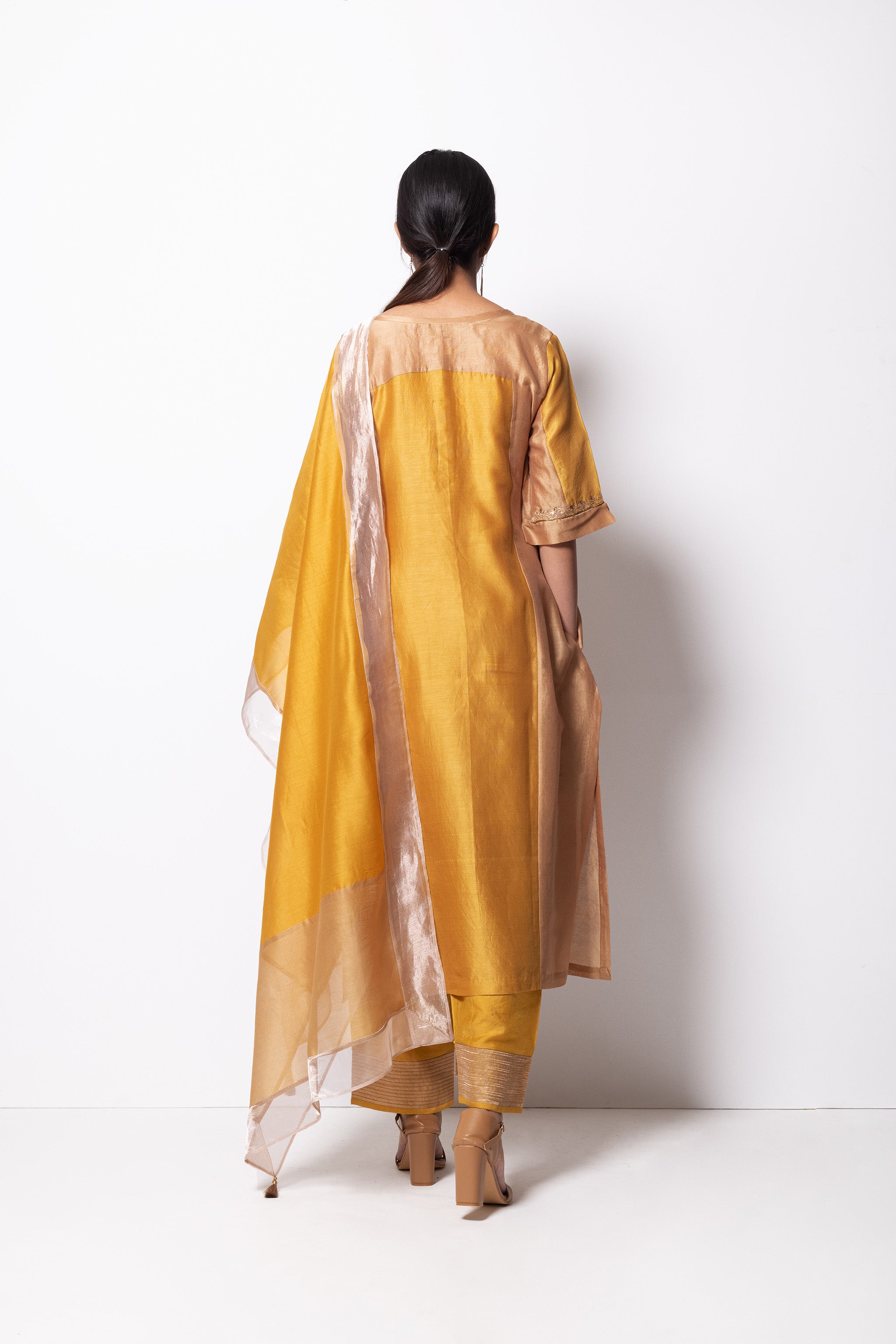 Beige Mustard Chanderi Silk - Panelled Straight Kurta Set