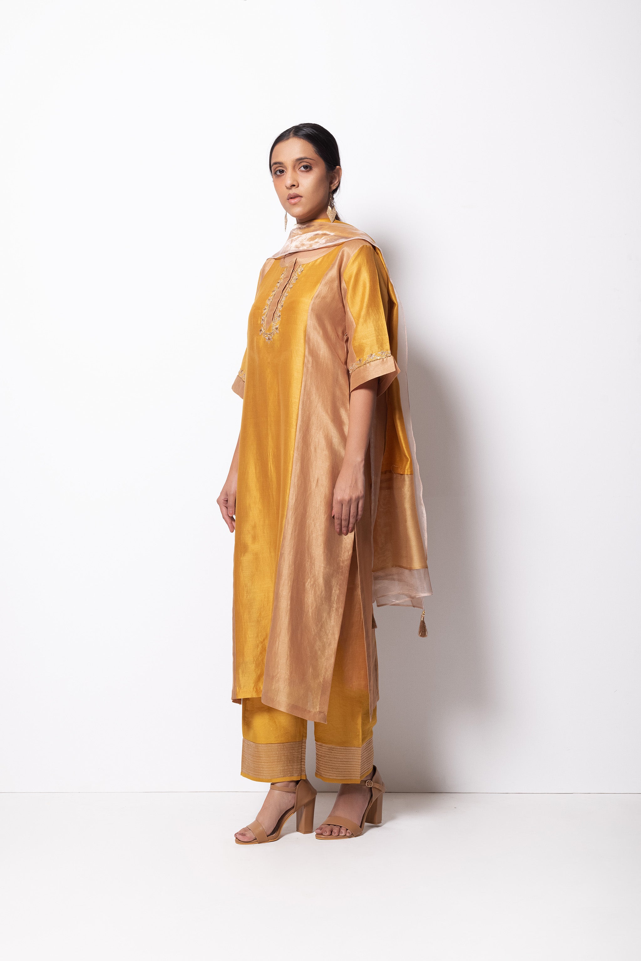 Beige Mustard Chanderi Silk - Panelled Straight Kurta Set