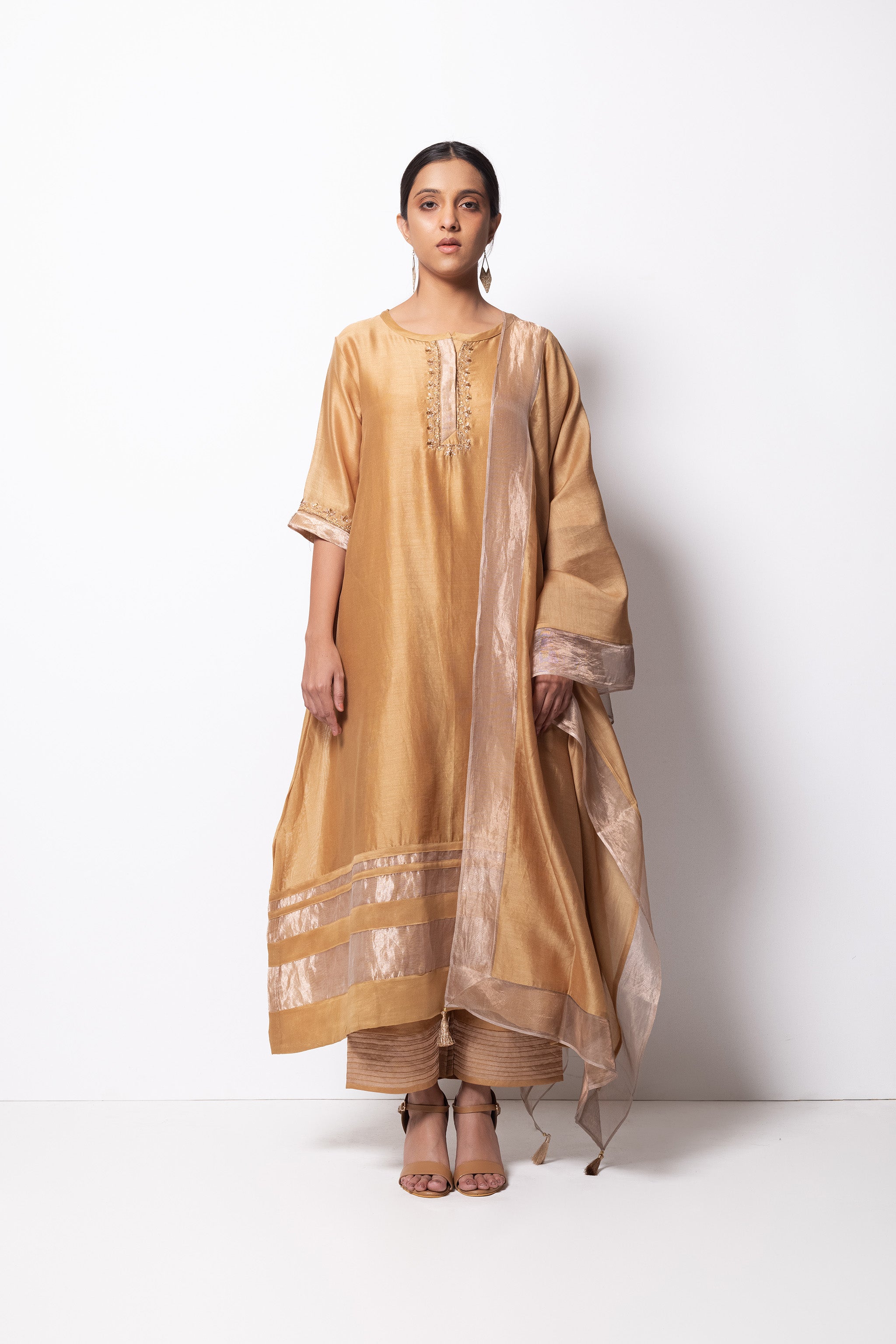 Beige Chanderi Silk - A-line Kurta Set