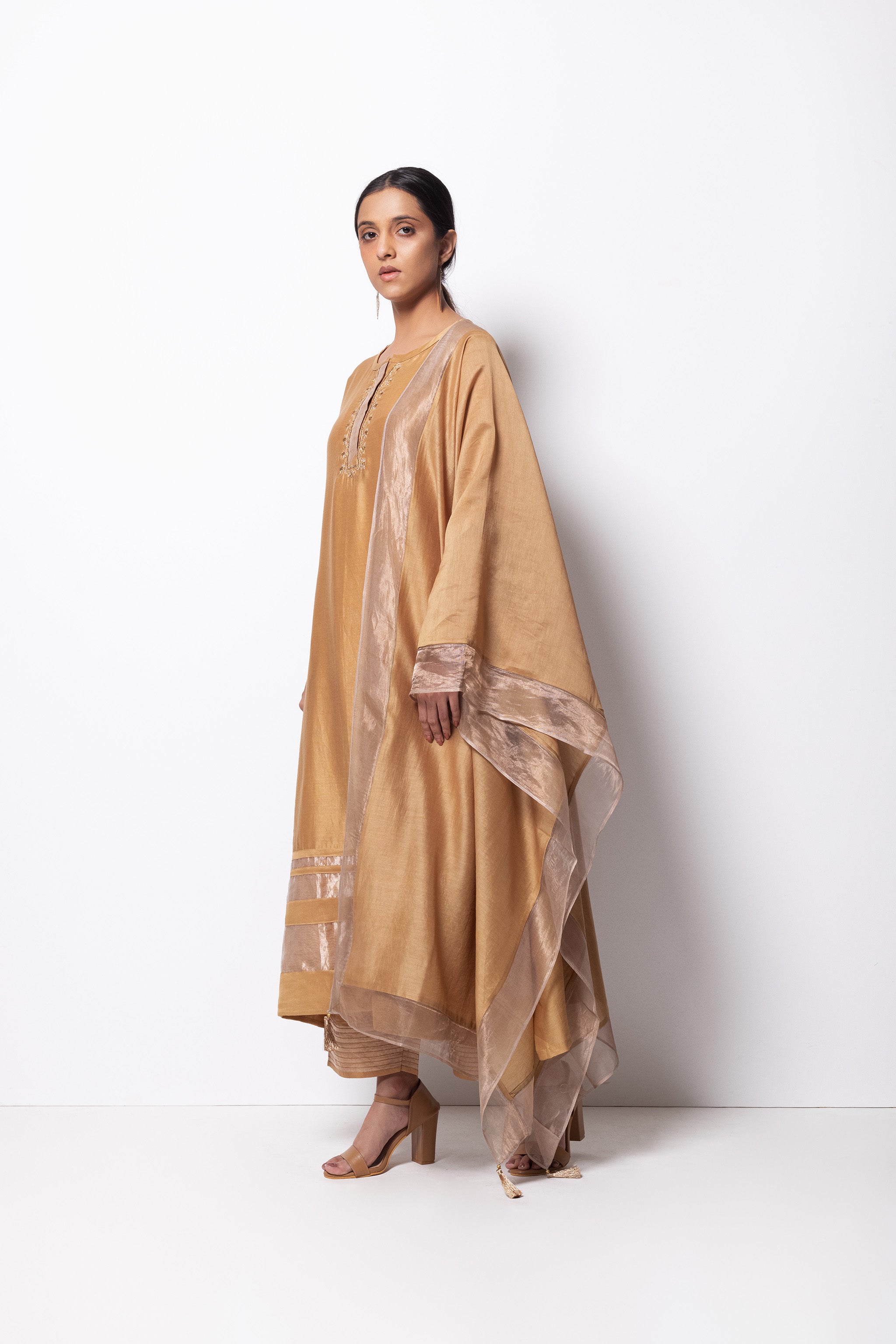 Beige Chanderi Silk - A-line Kurta Set