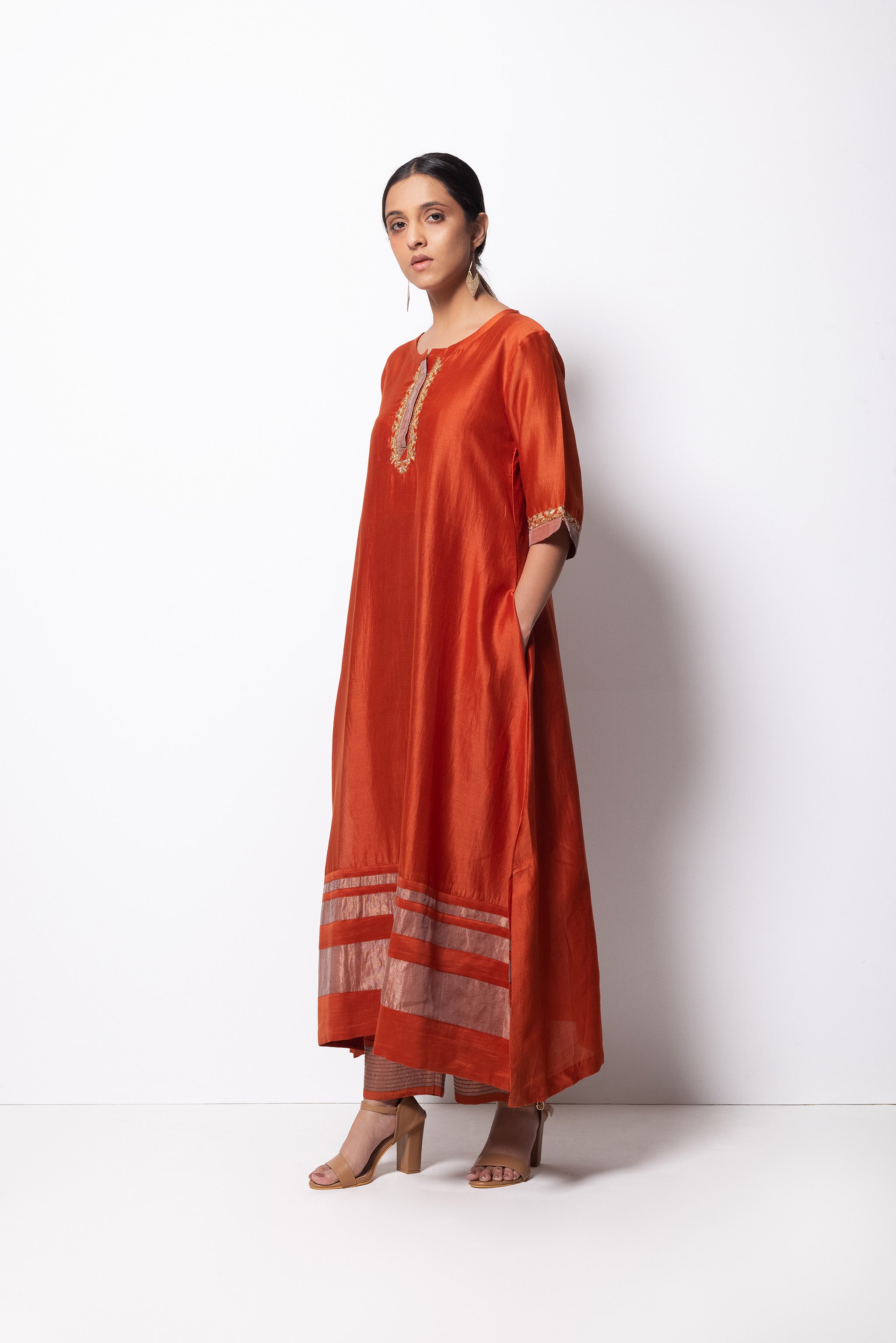 Rust Orange Chanderi Silk - A-line Kurta Set