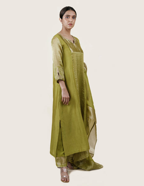Fresh Green Tissue Stripes/Chanderi Silk - A-line Kurta Set