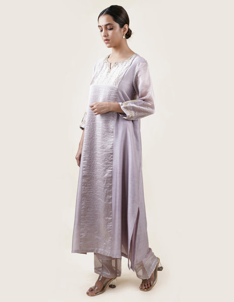 Grey Tissue Stripes/Chanderi Silk - A-line Kurta Set