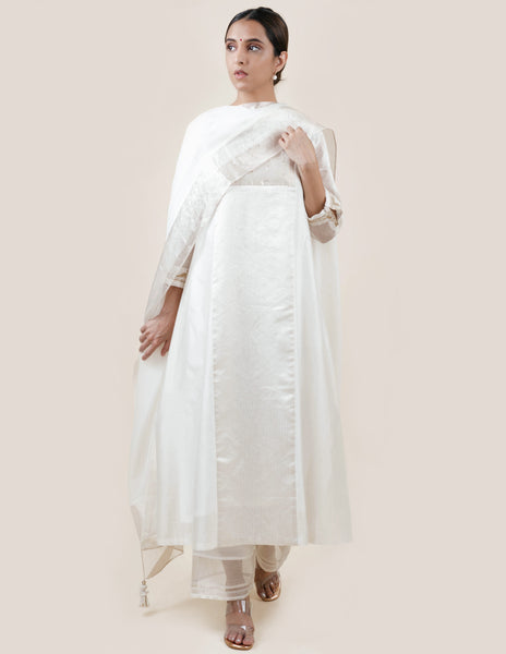 Off White Tissue Stripes/Chanderi Silk - A-line Kurta Set