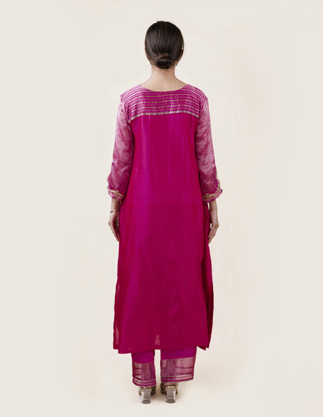 Fuchsia Pink Tissue Stripes/Chanderi Silk - A-line Kurta Set