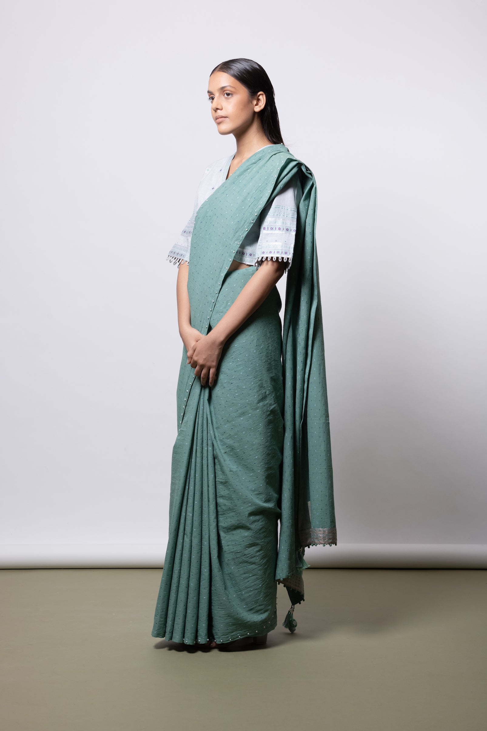 Blush Grey Blouse & Beryl Green Saree - Mélange