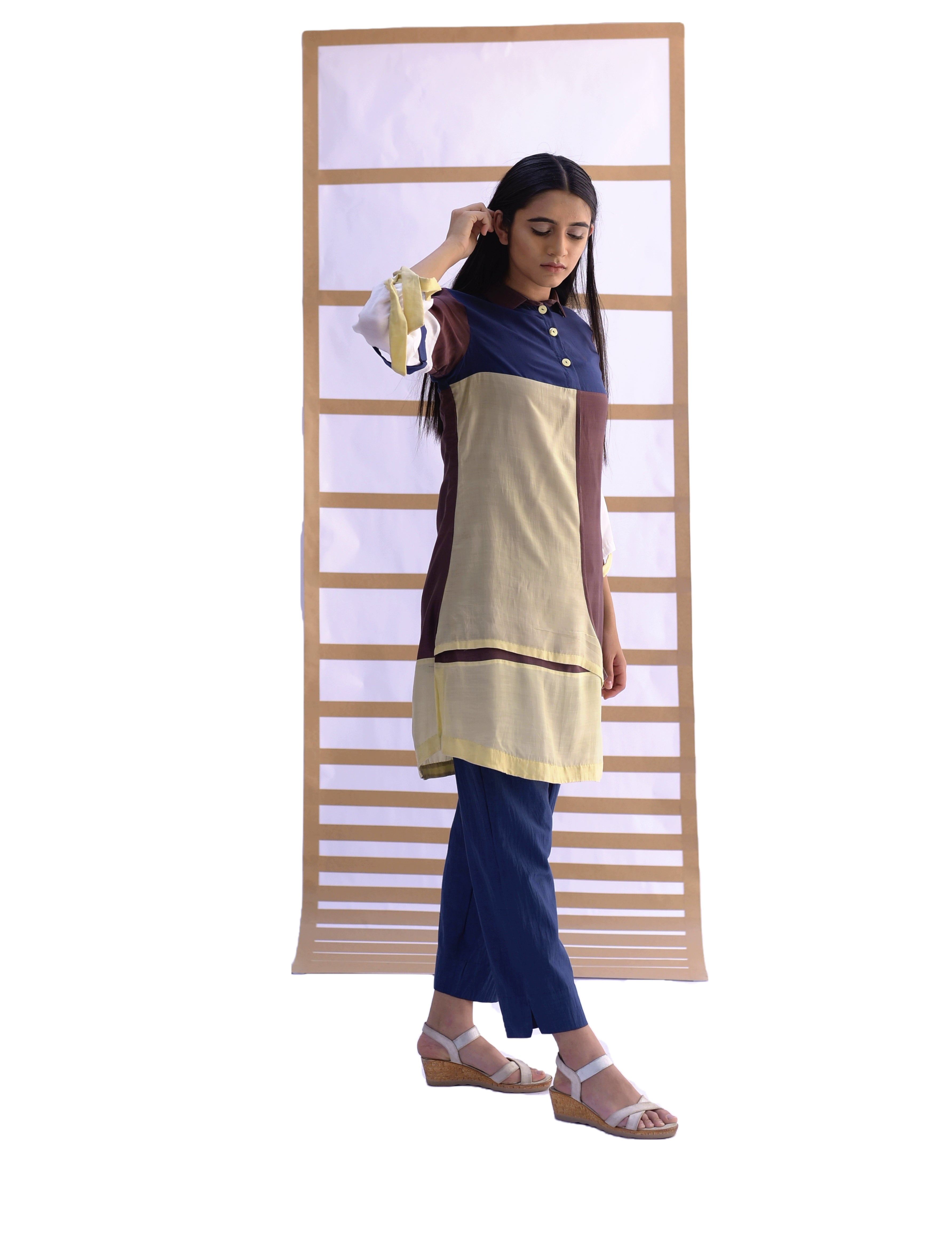 Layered Tunic & Pants - Indigo, Choco Brown & Pistachio Green Co-ord set