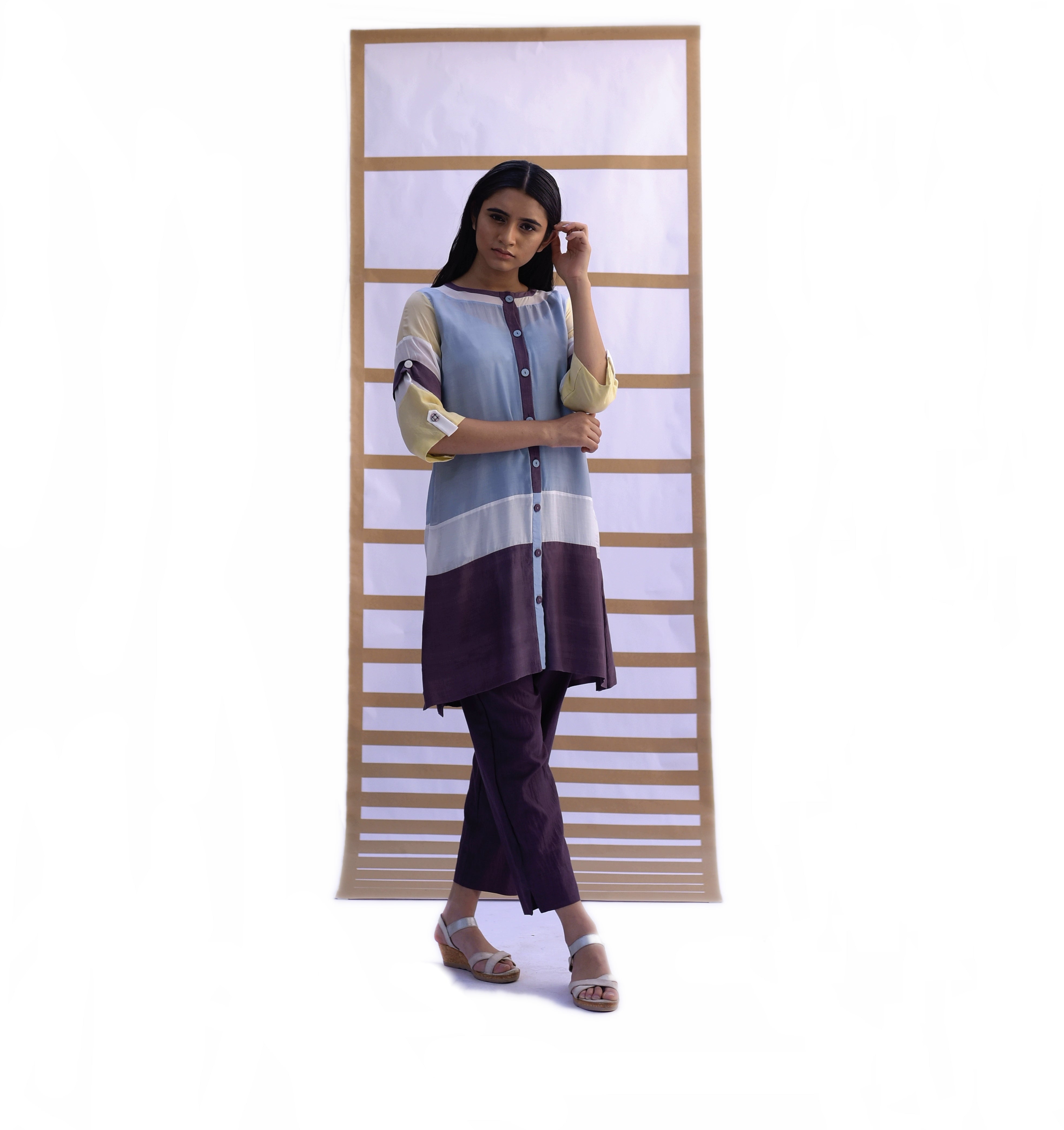 Shirt Tunic & Pants - Sky Blue & Black Plum Co-ord set