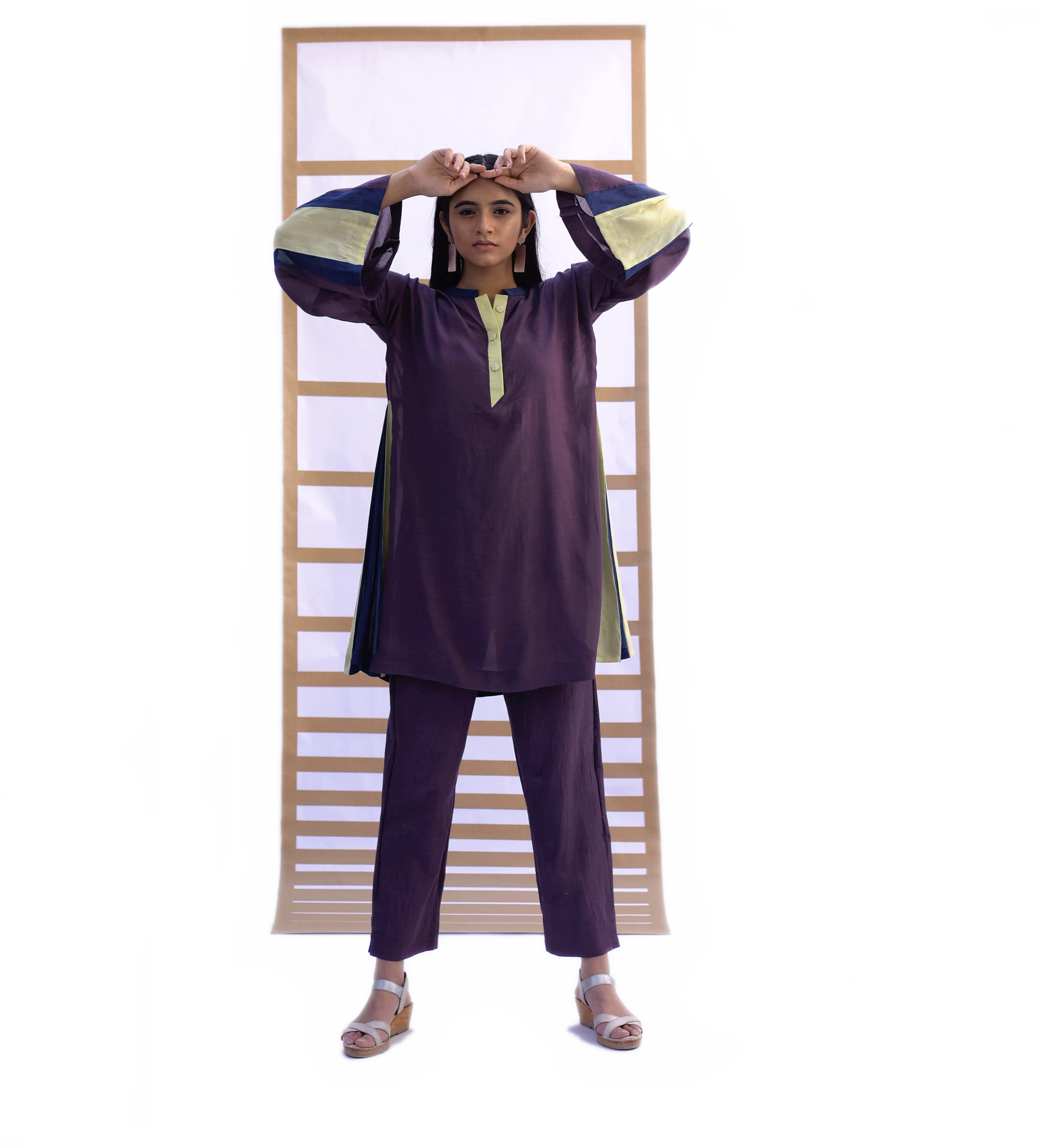 Fringed Tunic & Pants - Black Plum color Co-ord set