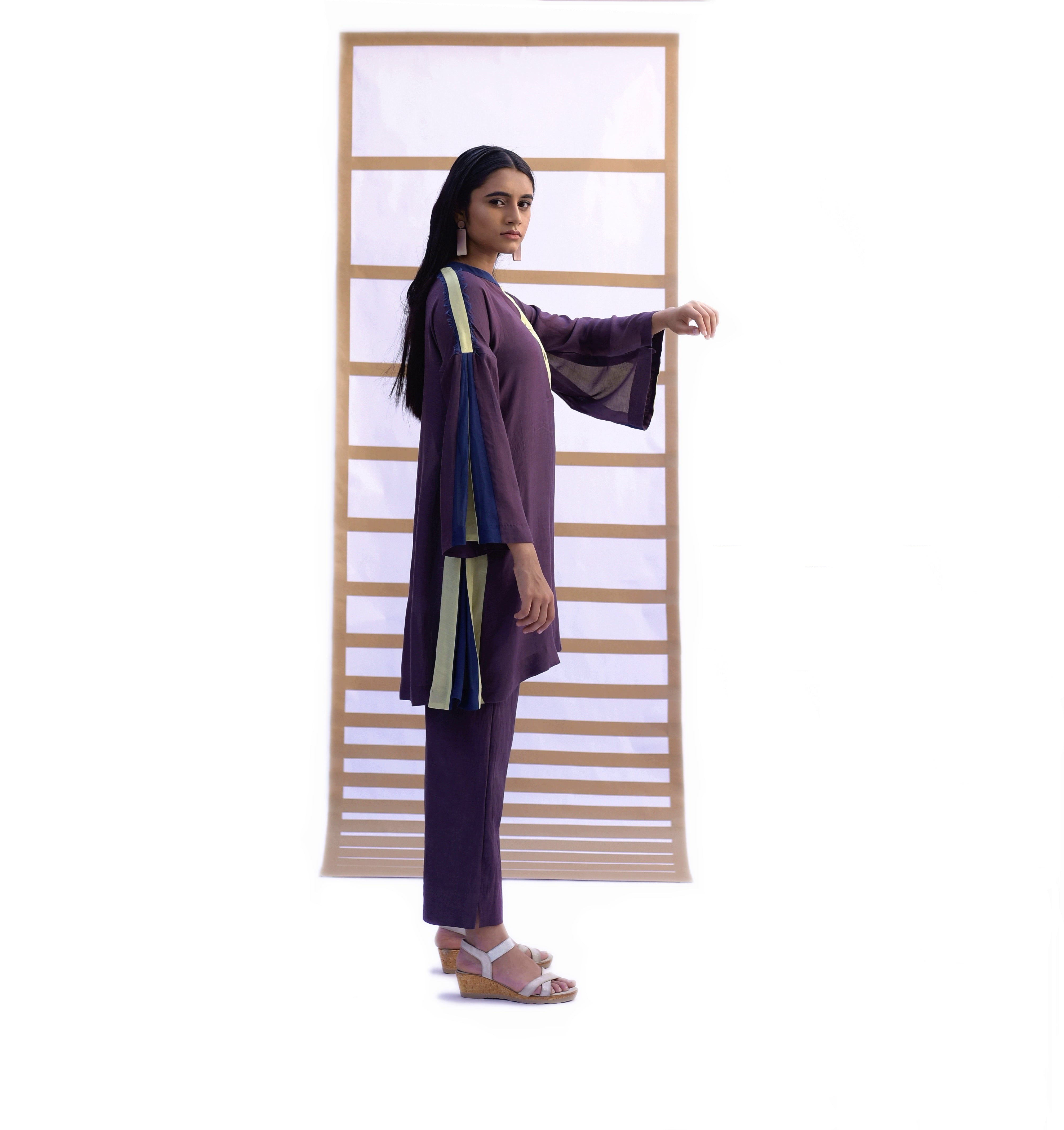 Fringed Tunic & Pants - Black Plum color Co-ord set