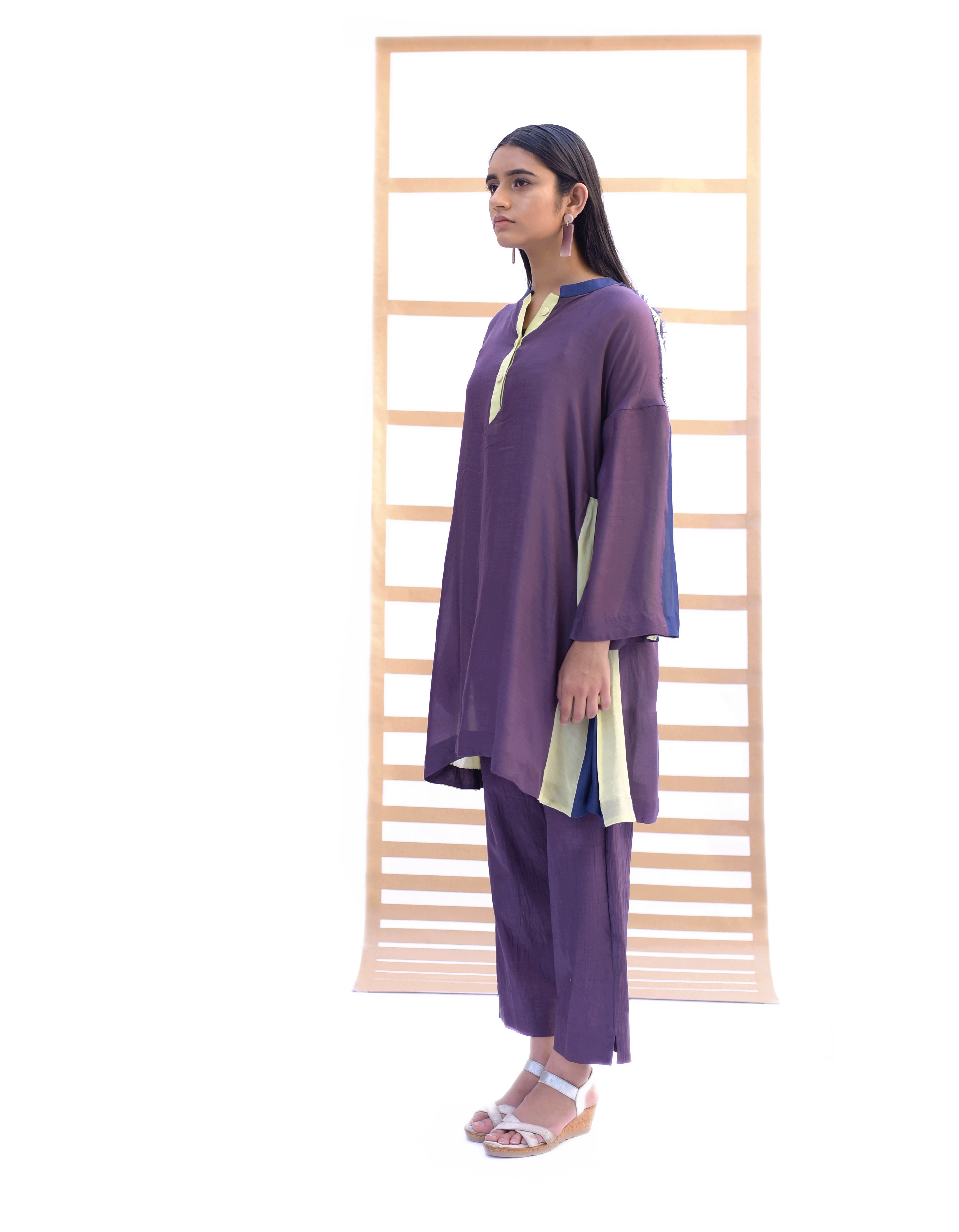 Fringed Tunic & Pants - Black Plum color Co-ord set