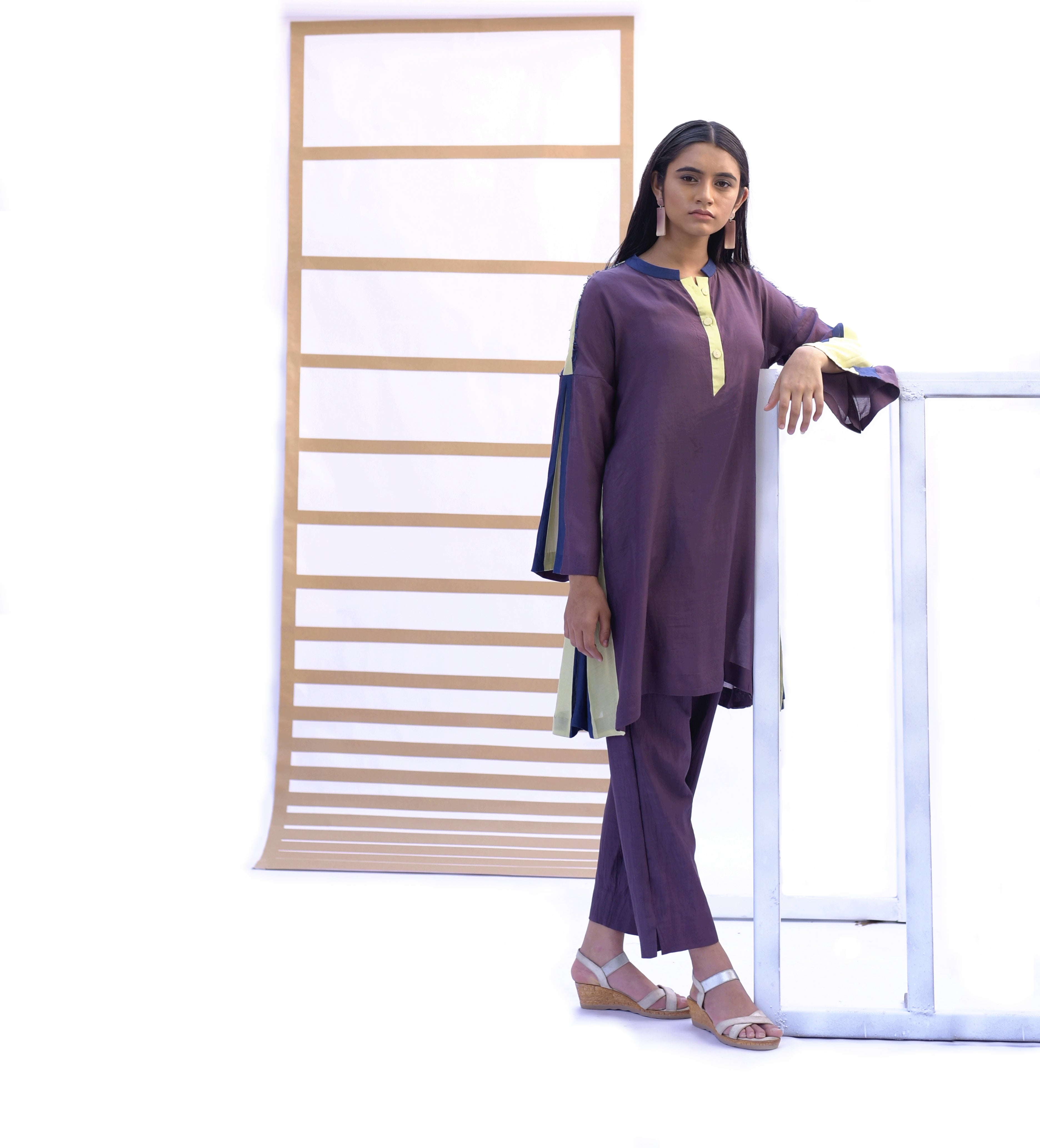 Fringed Tunic & Pants - Black Plum color Co-ord set