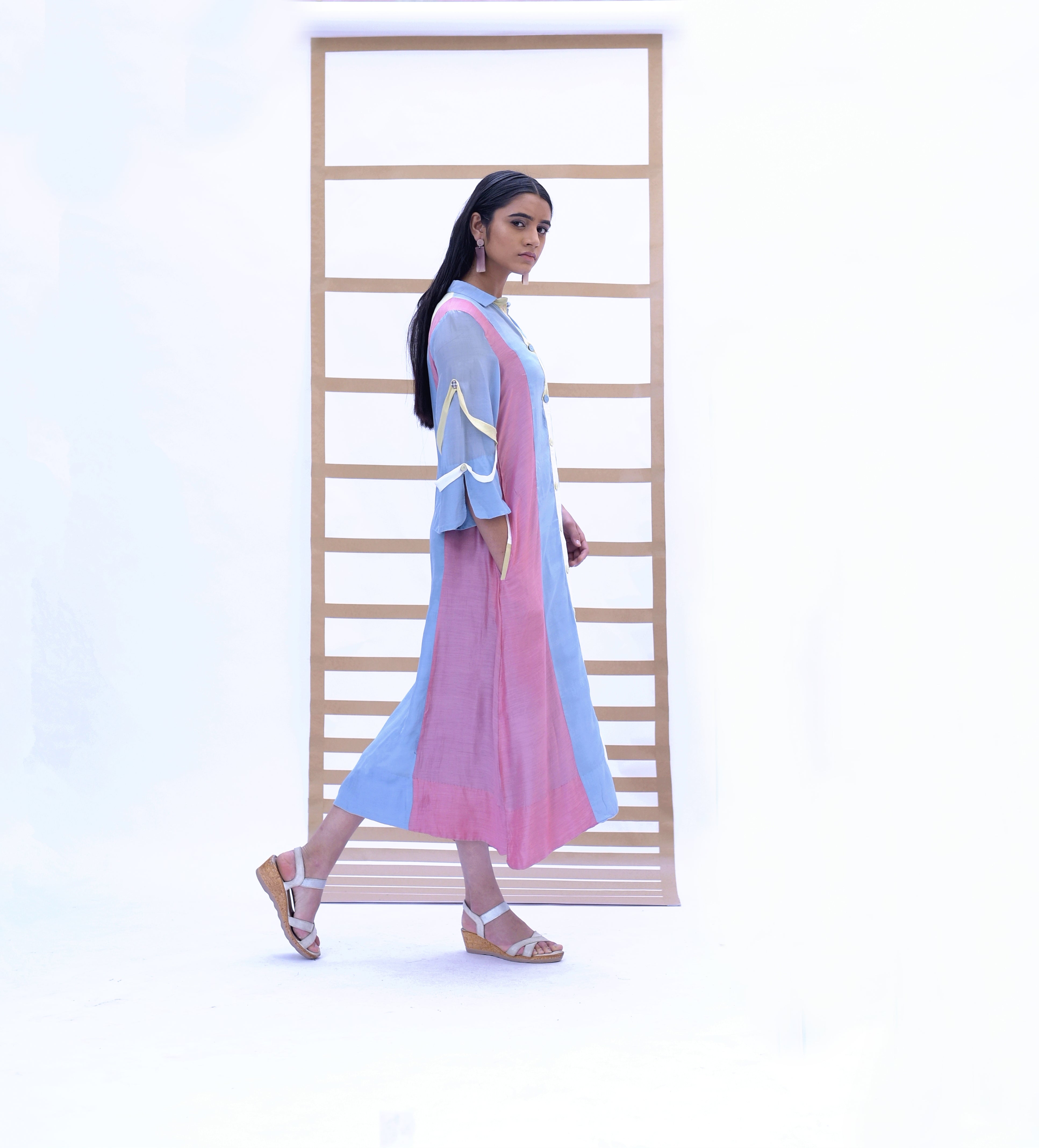 Long Shirt Dress - Sky Blue & Sunset Pink
