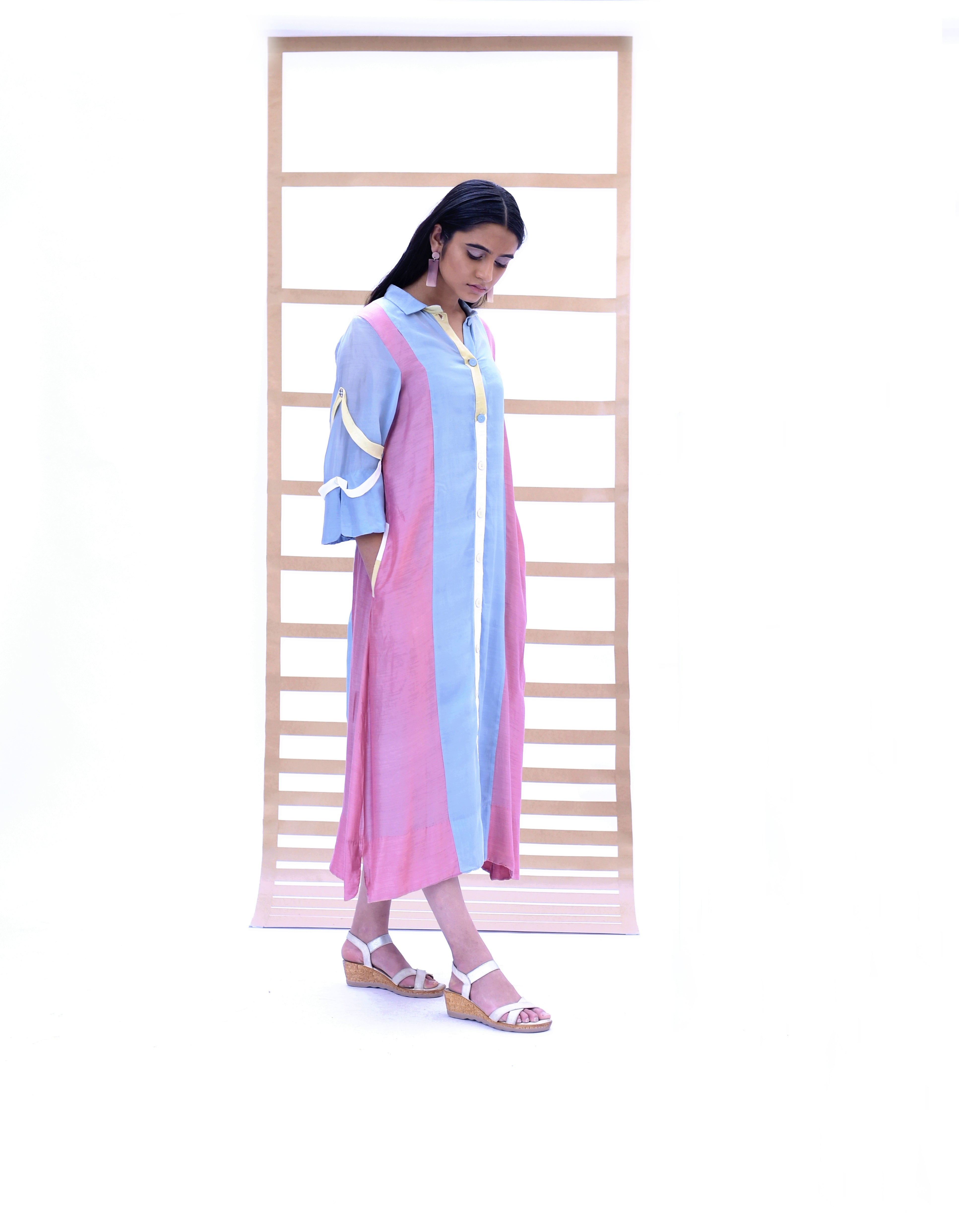 Long Shirt Dress - Sky Blue & Sunset Pink