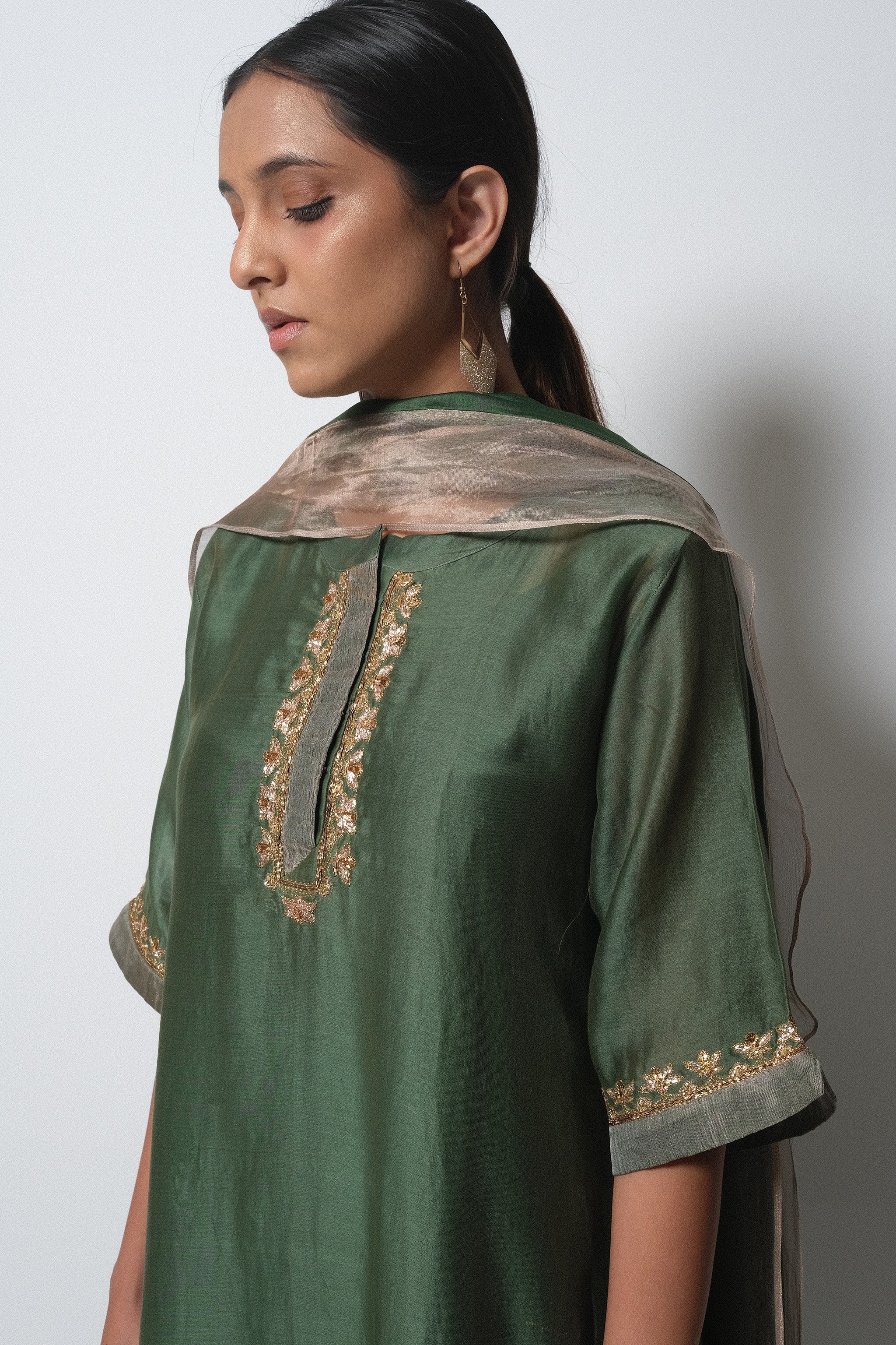 Beryl Green Chanderi Silk - A-line Kurta Set