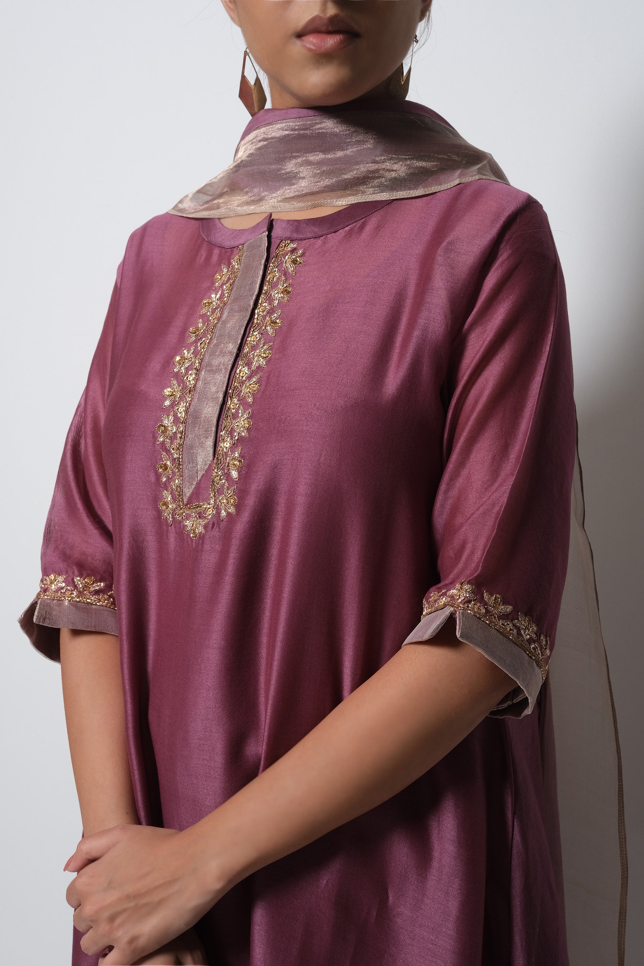 Plum Pink Chanderi Silk - A-line Kurta Set