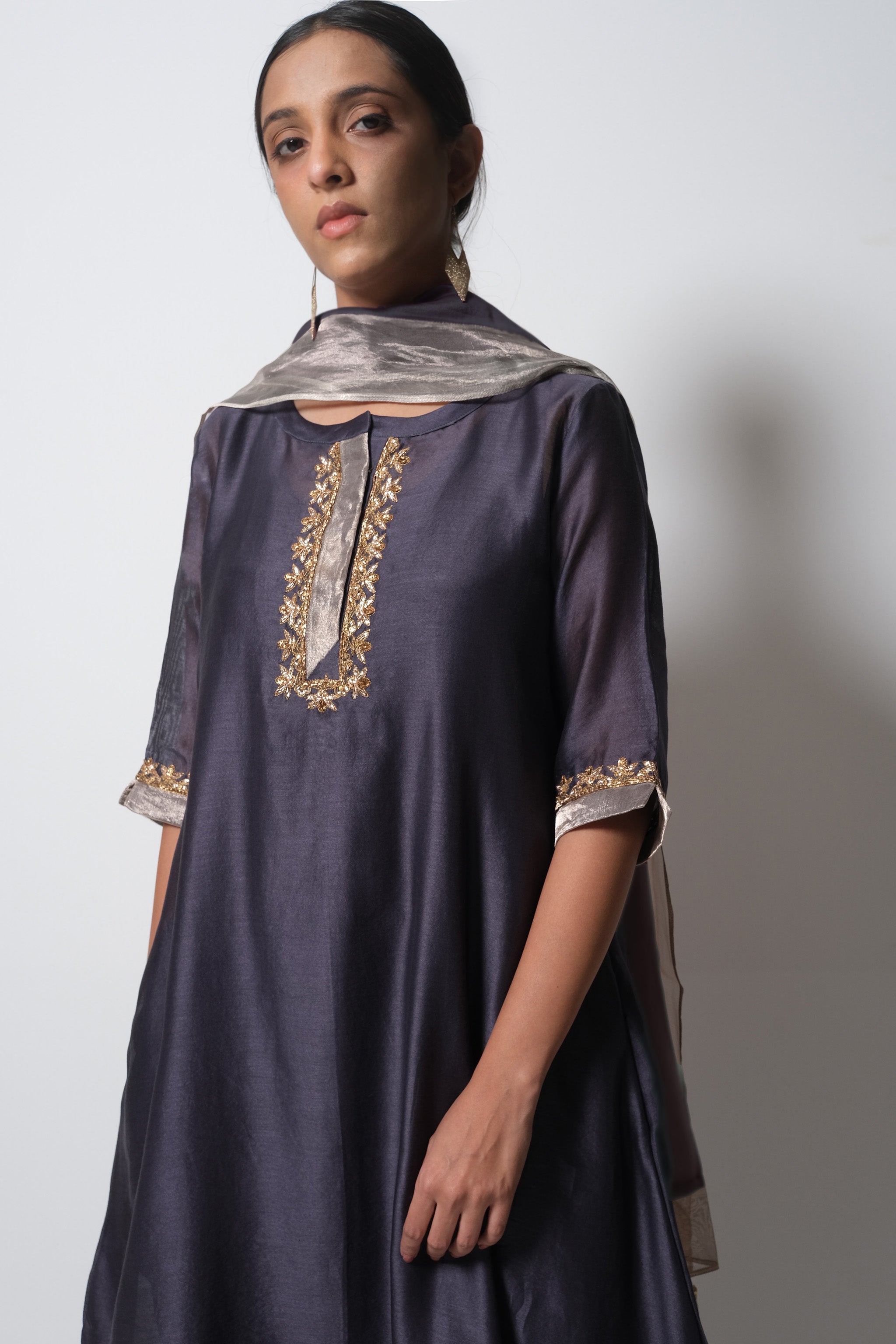 Grape Grey Chanderi Silk - A-line Kurta Set