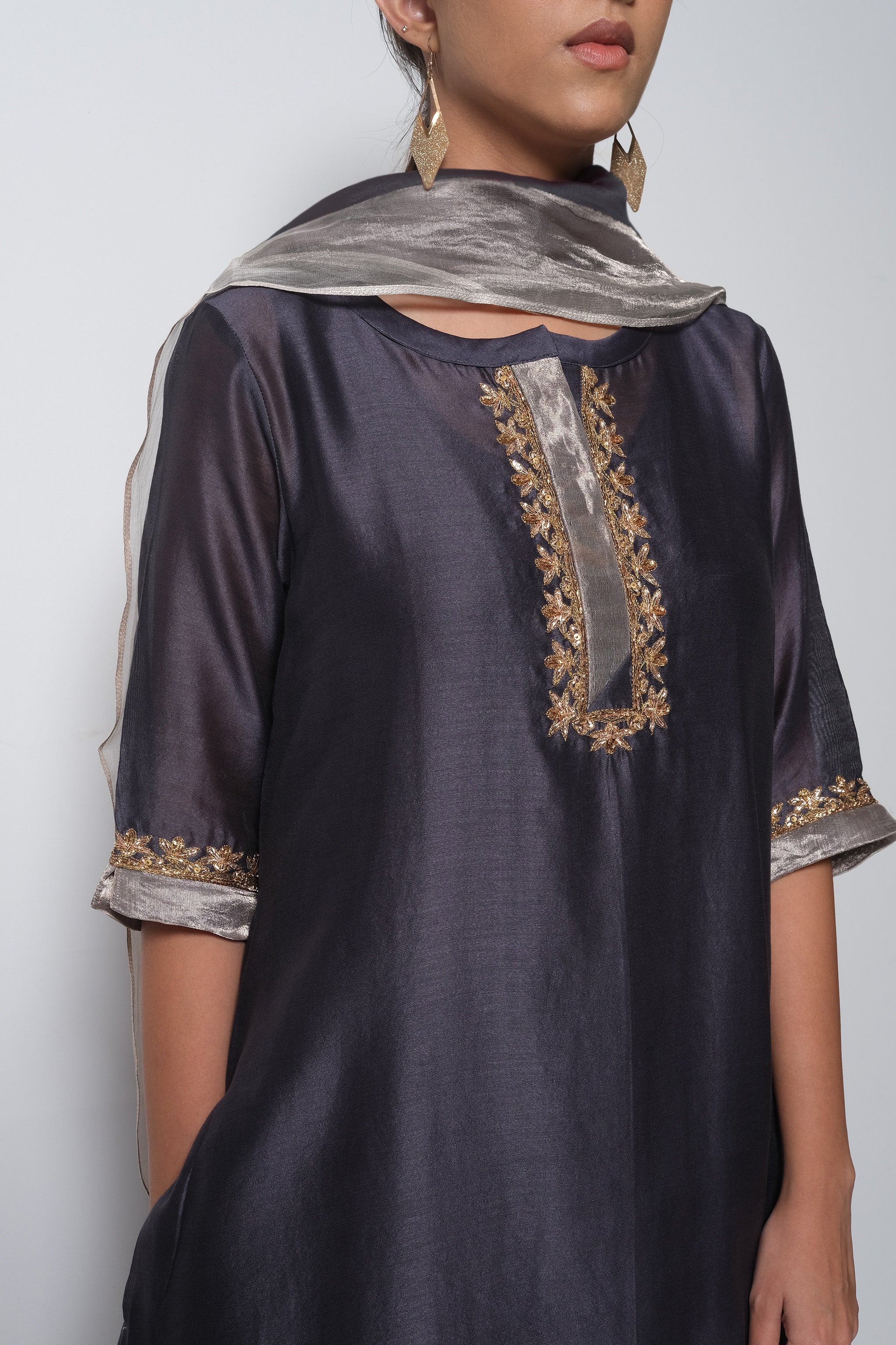 Grape Grey Chanderi Silk - A-line Kurta Set