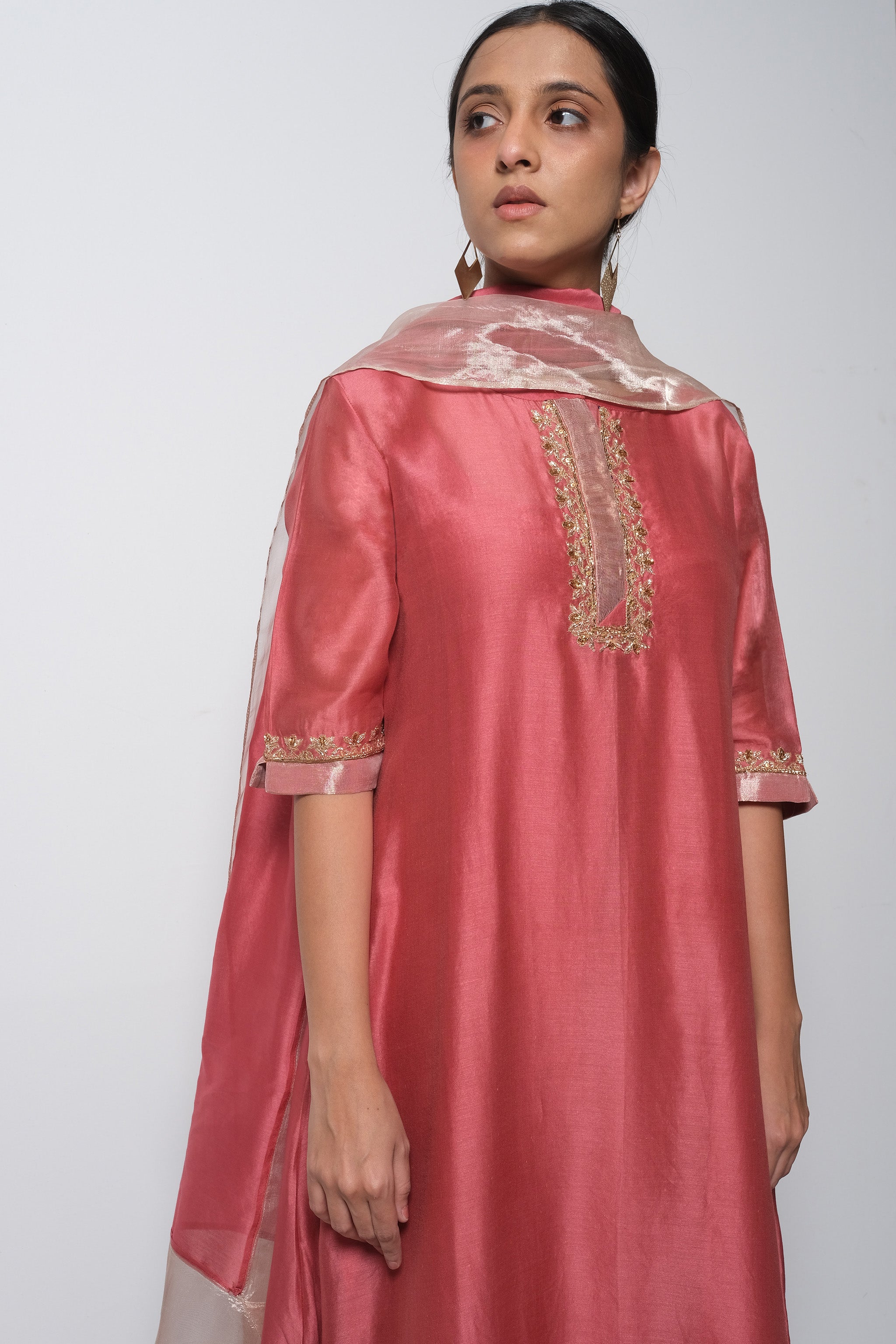 Brick Pink Chanderi Silk - A-line Kurta Set